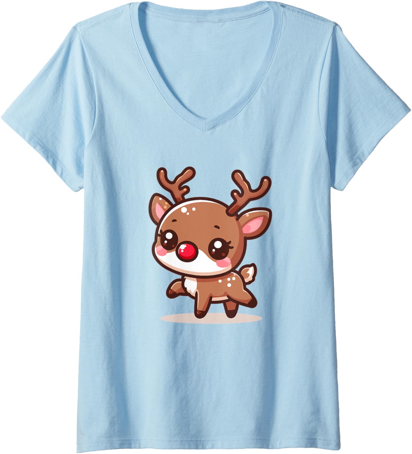 Womens Cute Japanese Kawaii Chibi Rudolph The Red Nose Reindeer V-Neck