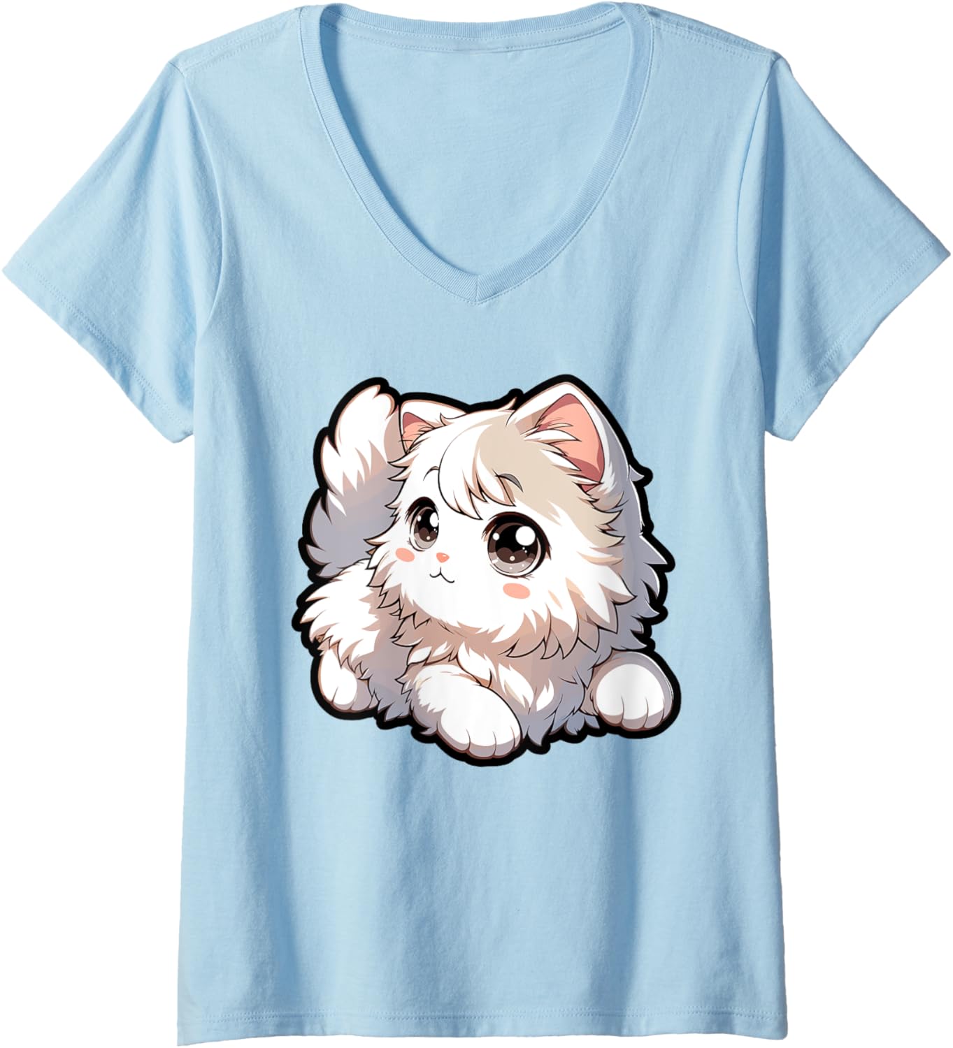 Womens Cute White Kitten Angora Kawaii Chibi Anime V-Neck