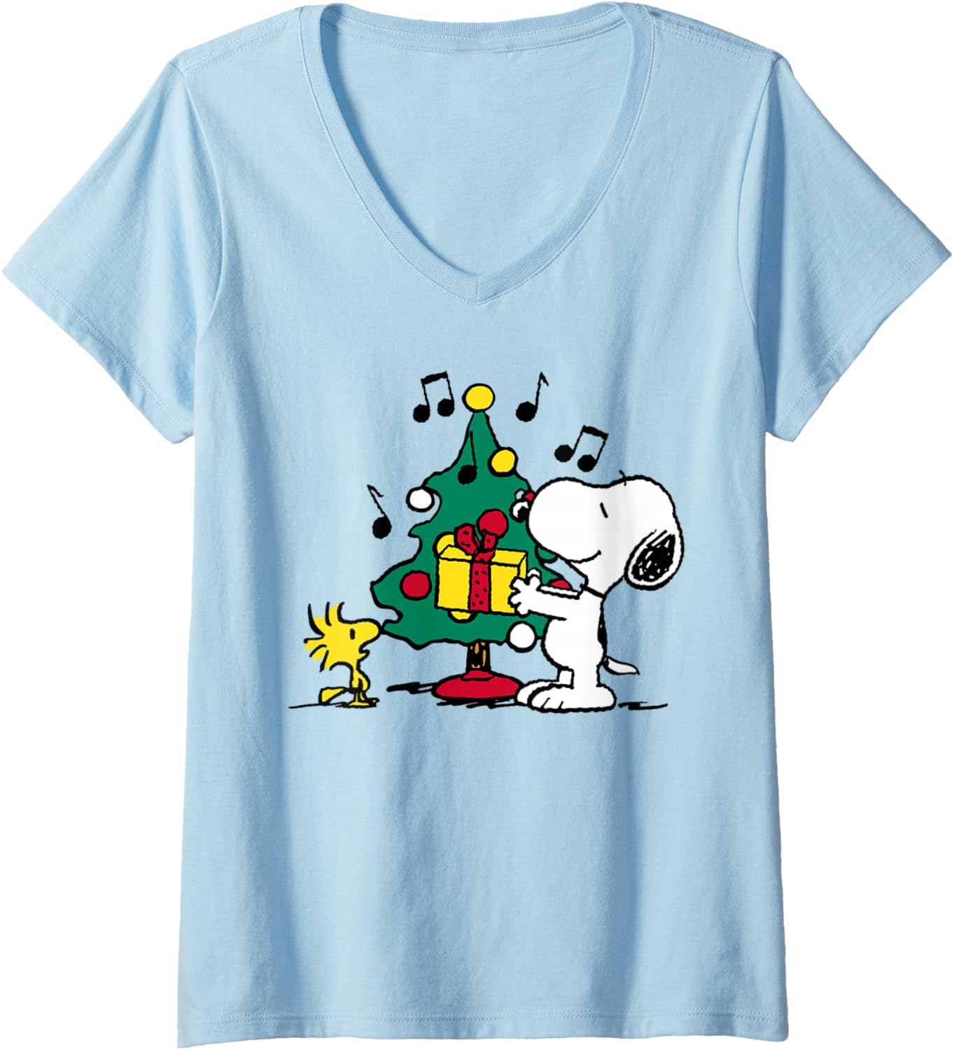 Womens Peanuts Snoopy and Woodstock Holiday Christmas Tree V-Neck