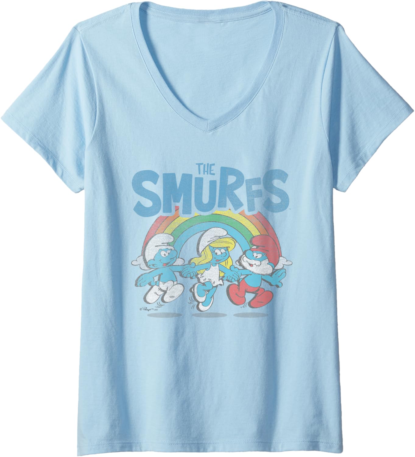 Womens The Smurfs Vintage Rainbow With Characters Cartoon V-Neck