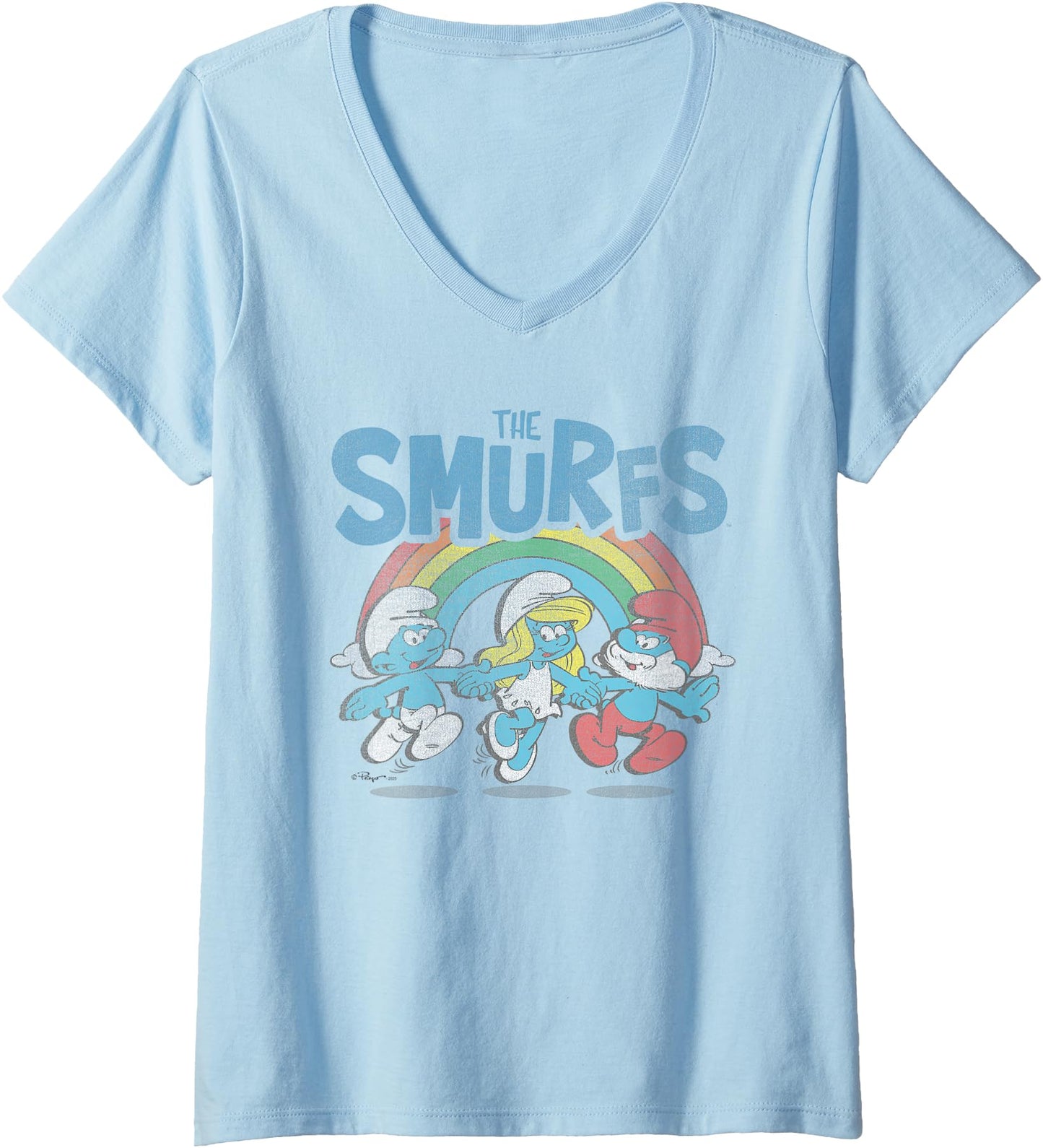 Womens The Smurfs Vintage Rainbow With Characters Cartoon V-Neck