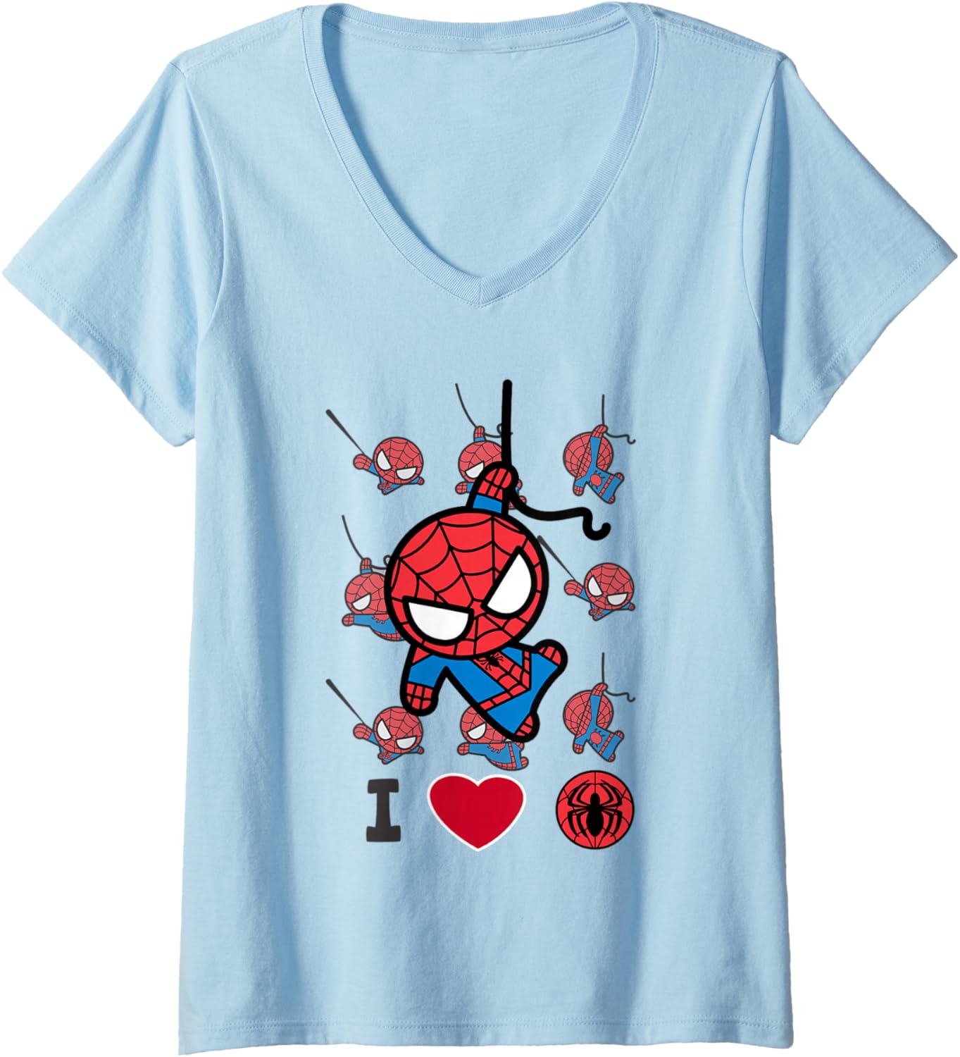 Womens Marvel Kawaii Spider-Man I Heart Spidey Chibi Swinging V-Neck