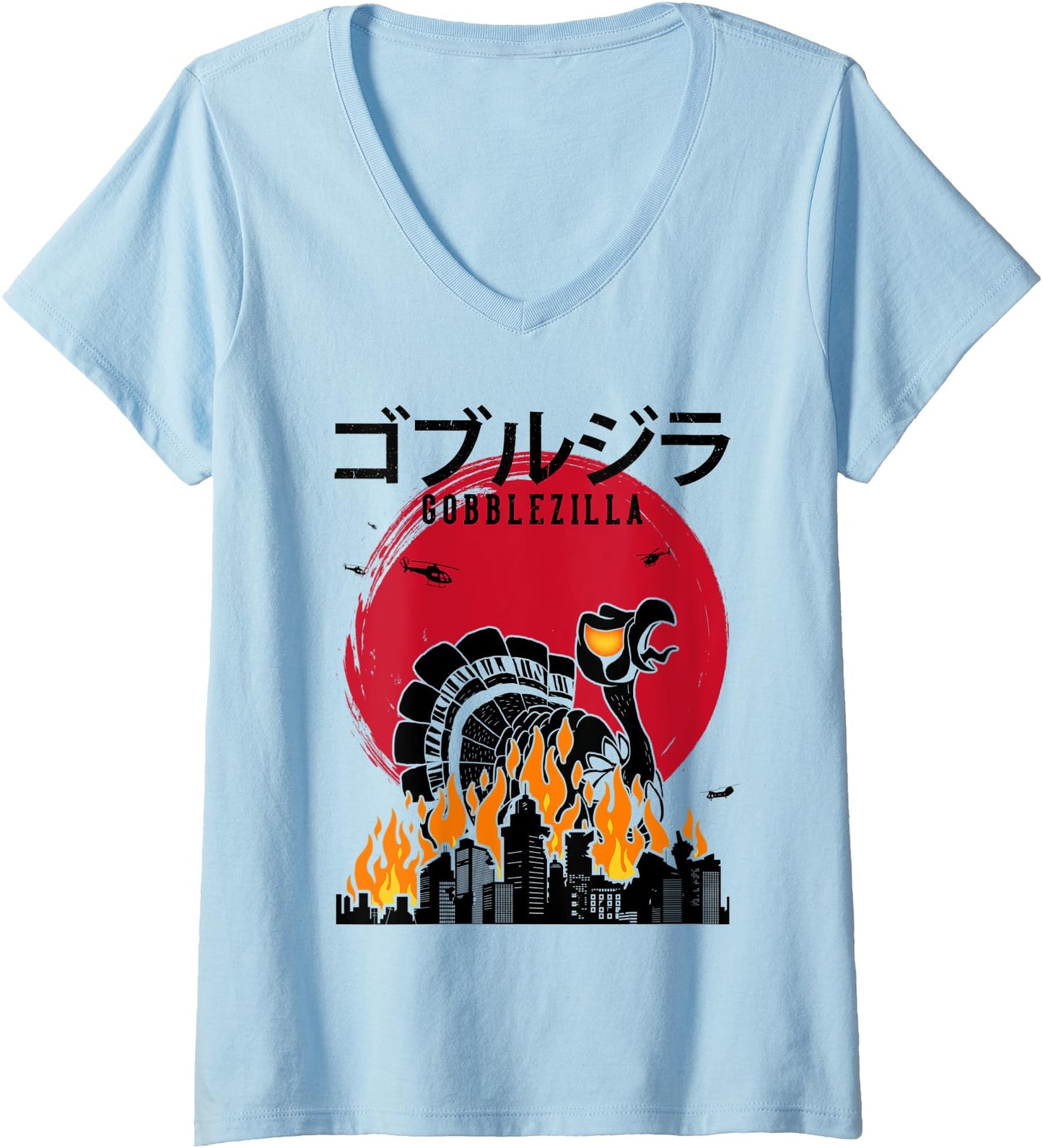 Womens Japanese Style Turkey Day Thanksgiving Gobblezilla V-Neck