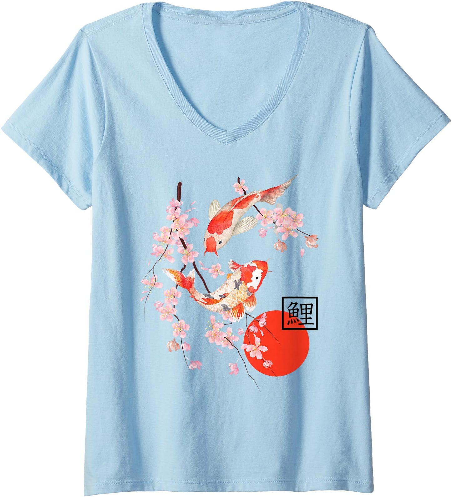 Womens Cherry Blossom Shirt Japanese Koi Carp Fish Sakura Graphic V-Neck