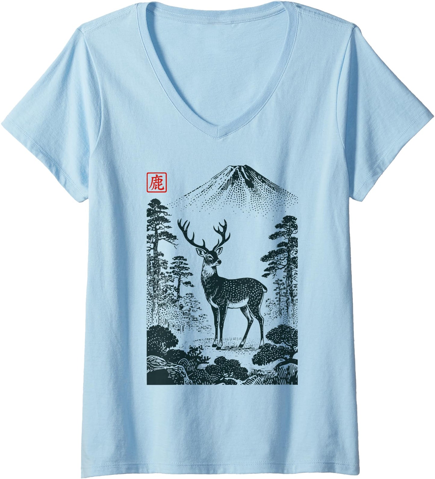 Womens Japanese Deer Mount Fuji Red Seal Art V-Neck