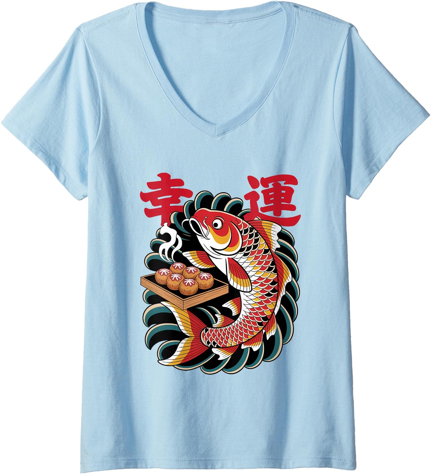 Womens Japanese Koi Fish Takoyaki Retro V-Neck