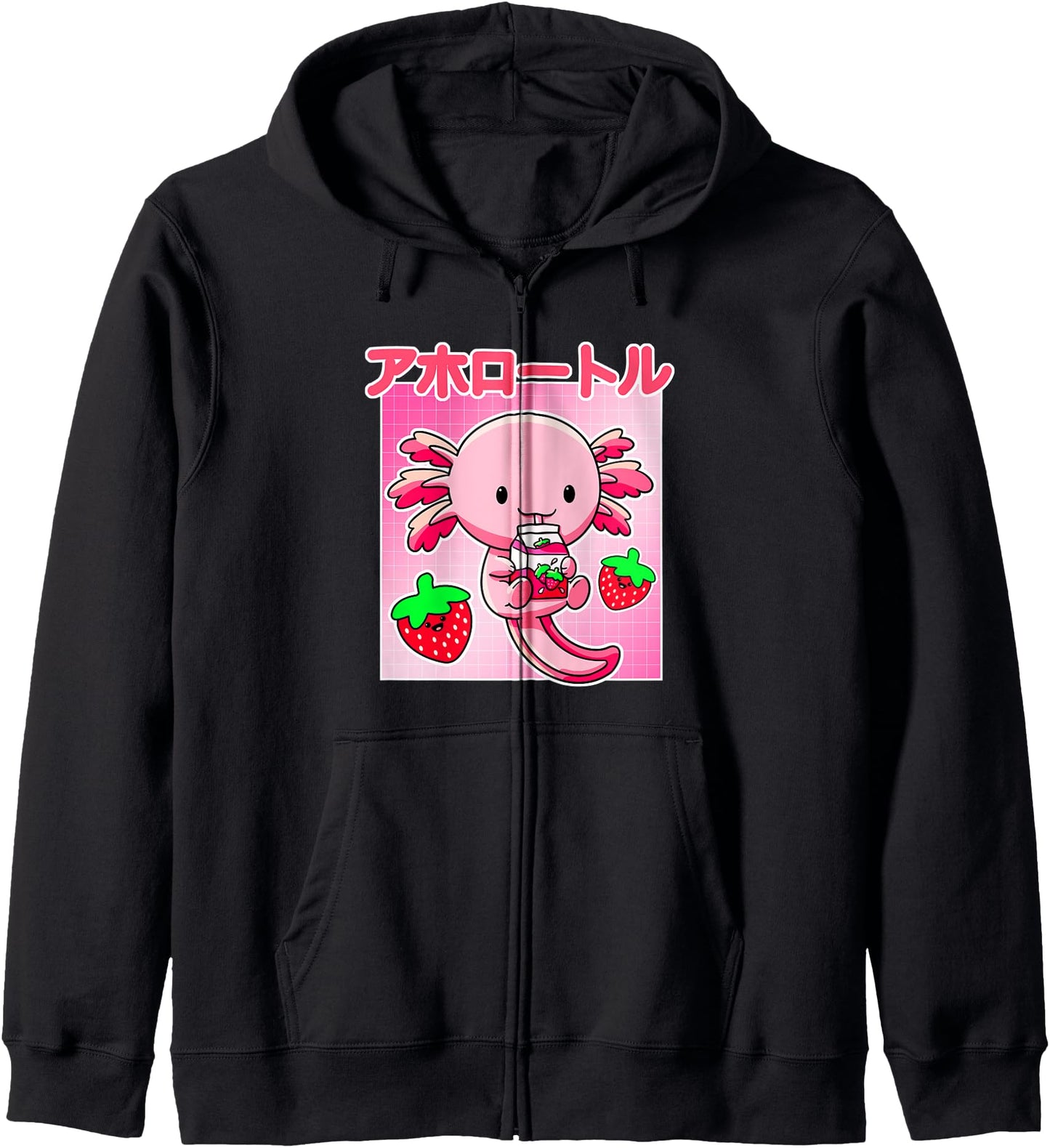 Axolotl Strawberry Milk Carton Pink Kawaii Japanese Anime Zip Hoodie