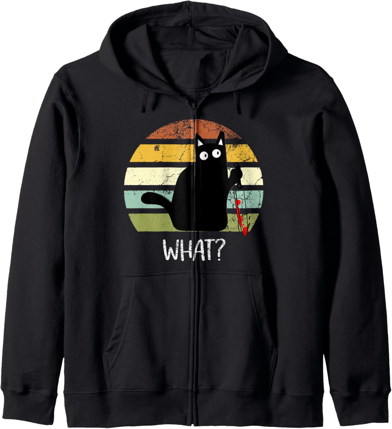 Cat What? Funny Halloween Black Cat With Knife Zip Hoodie