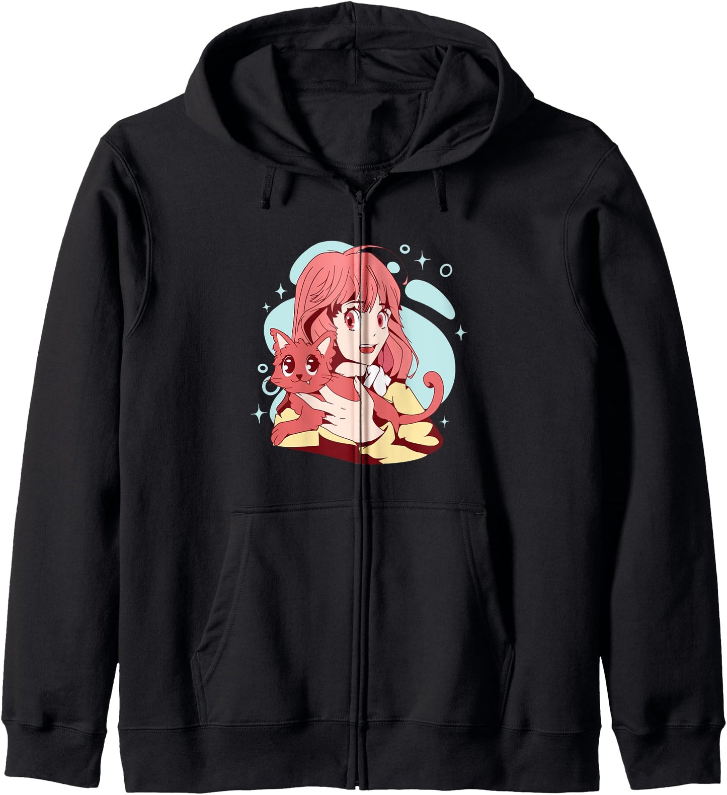 Anime Girl With Cat Cute Japanese Zip Hoodie