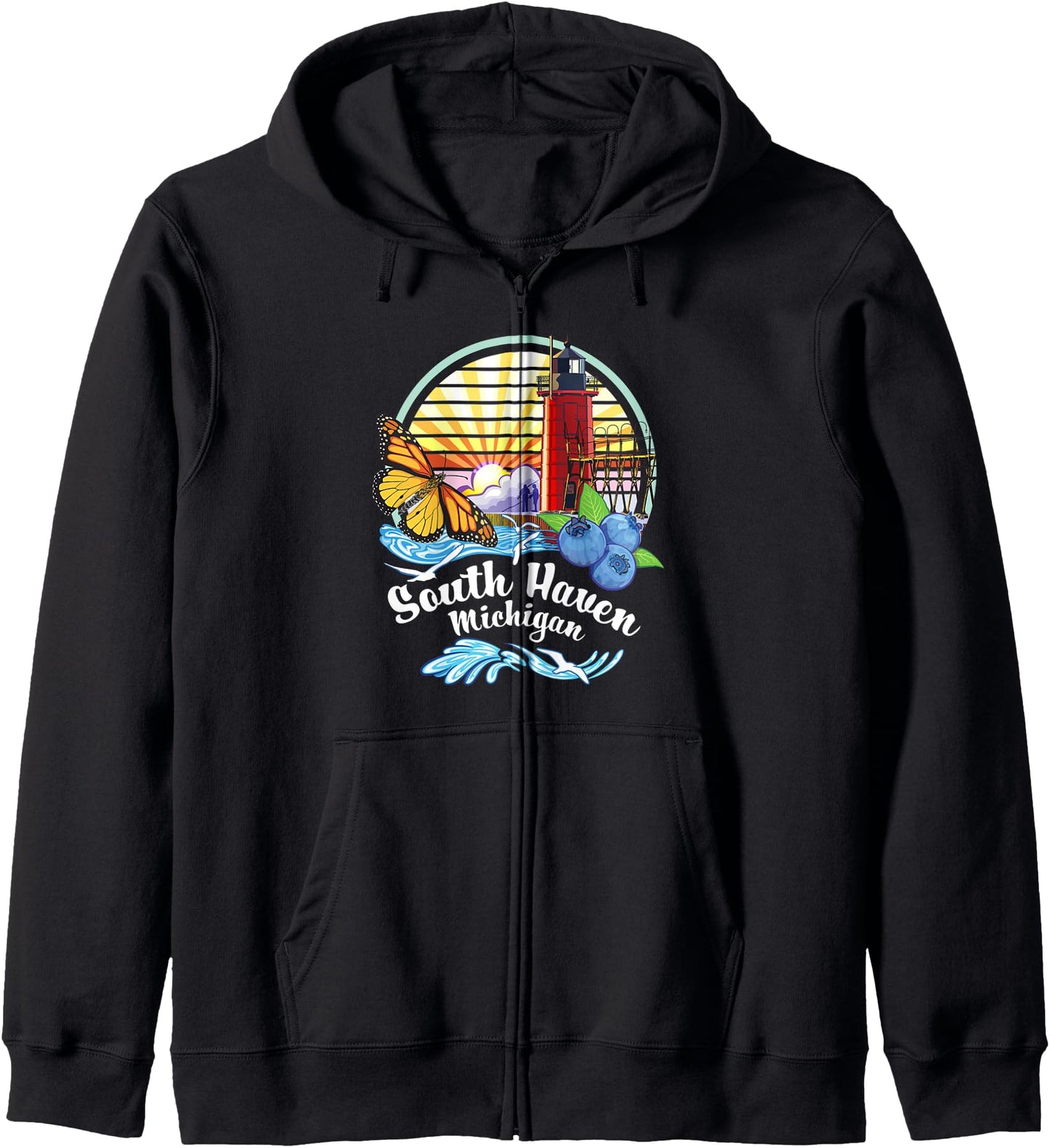 South Haven MI Lighthouse Monarch Butterfly Beach Design Zip Hoodie