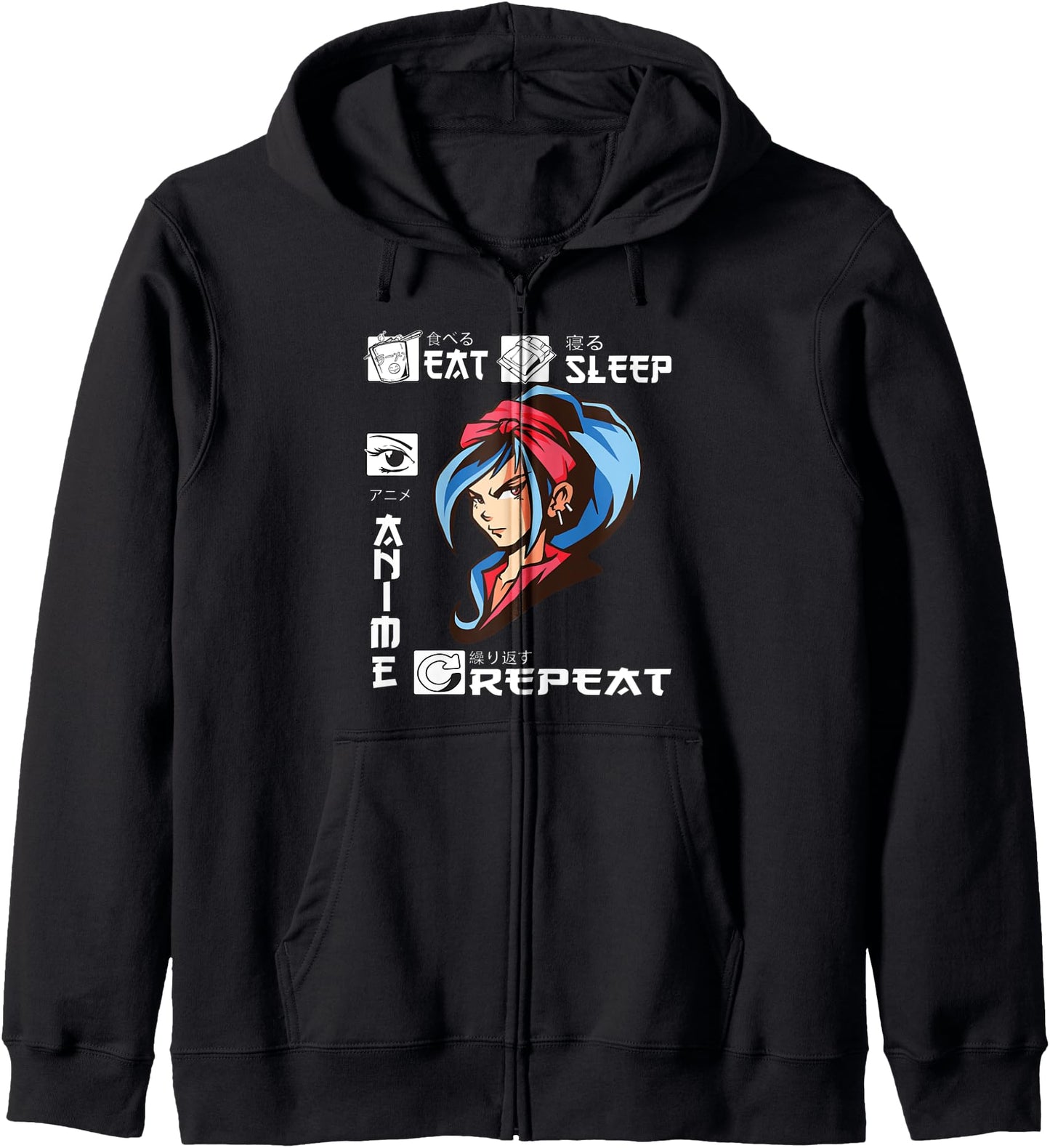 Eat Sleep Anime Repeat Girl Blue Hair Japanese Kawaii Japan Zip Hoodie