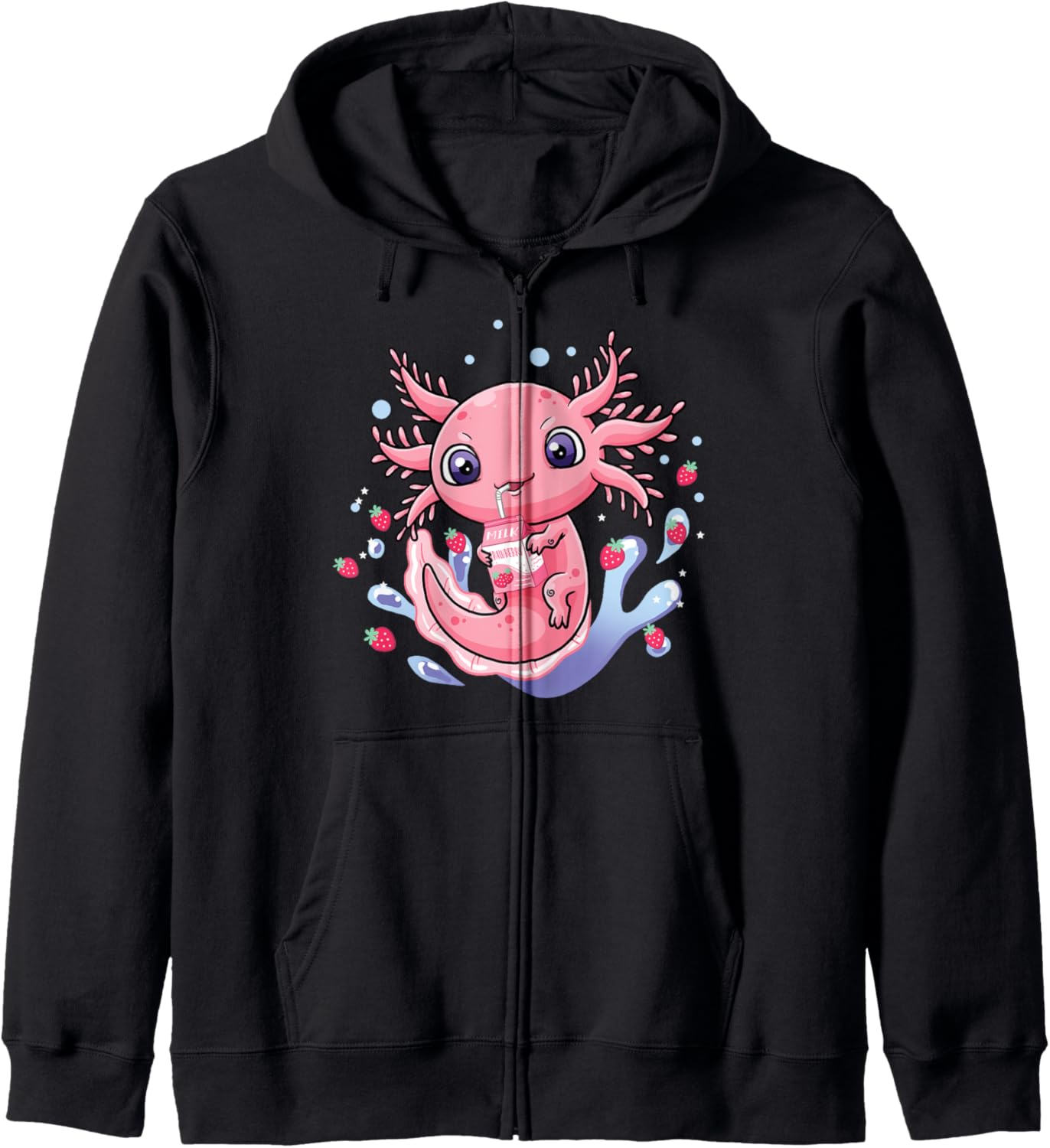 Kawaii Axolotl Shirt Strawberry Milk Shake Japanese Anime Zip Hoodie