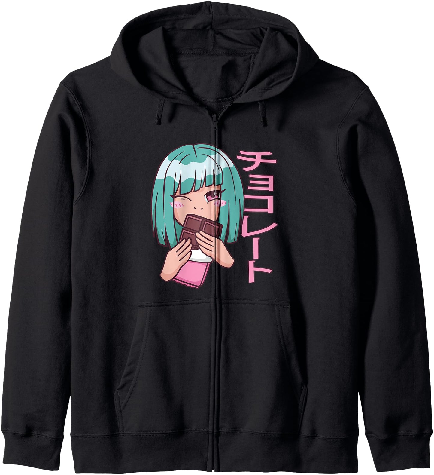 Kawaii Anime Girl Chocolate Japanese Symbols Manga Otaku Zip Hoodie