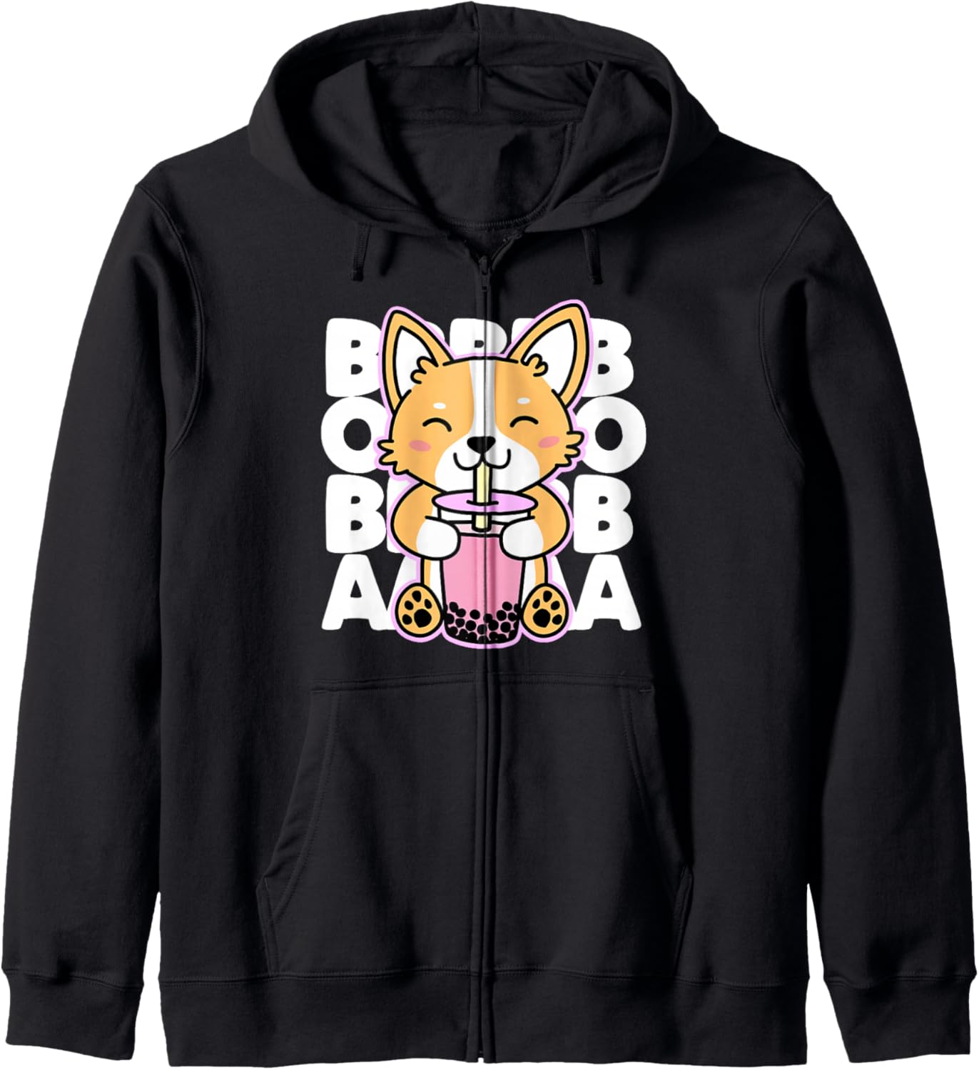 Kawaii Boba Cute Anime Dog Corgi Bubble Tea Drink Dark Zip Hoodie