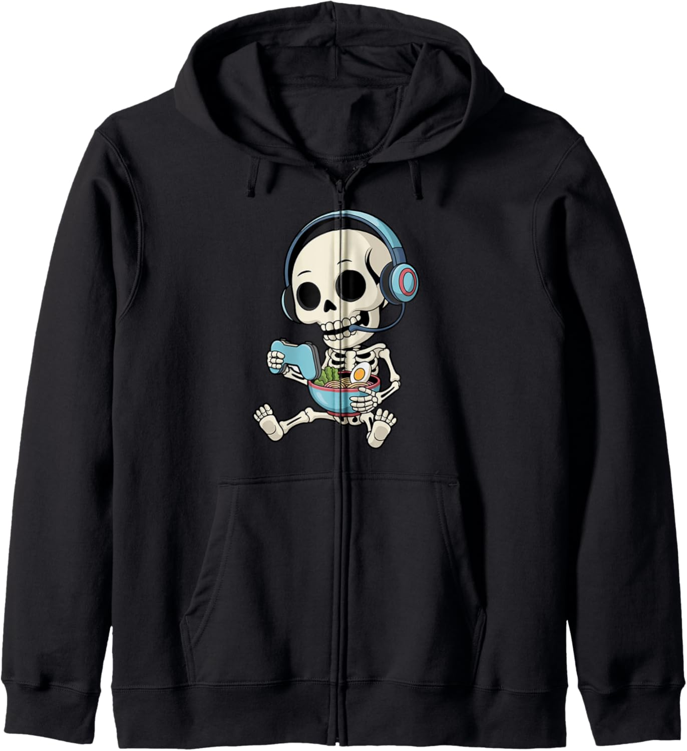 Gaming Anime Gaming Skull Eating Ramen Funny Gamer Skeleton Zip Hoodie