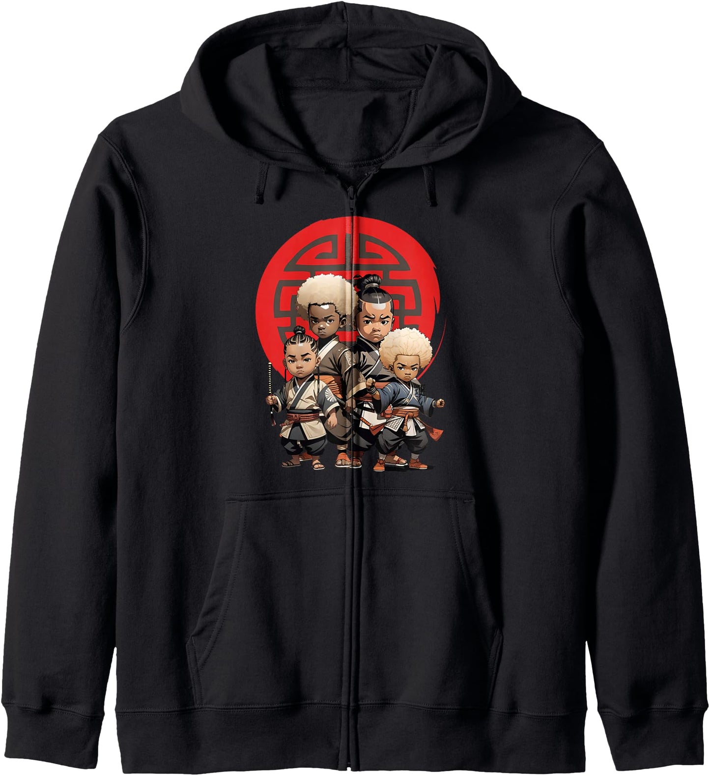 Samurai Boy Anime Afro Japanese Retro Style Zip Hoodie