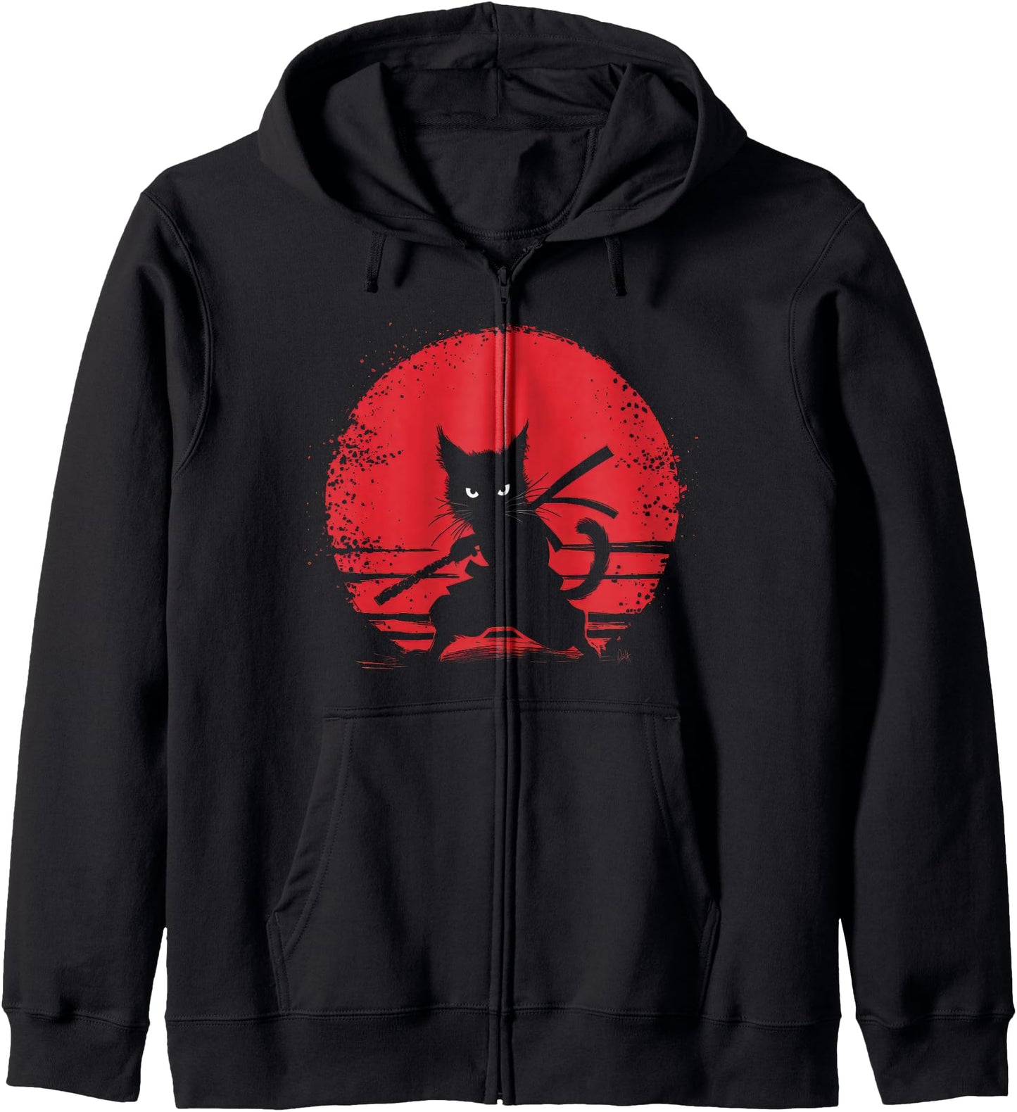 Samurai Cat Vintage Ukiyo-e Warrior Kanji Japan Anime Ink Zip Hoodie