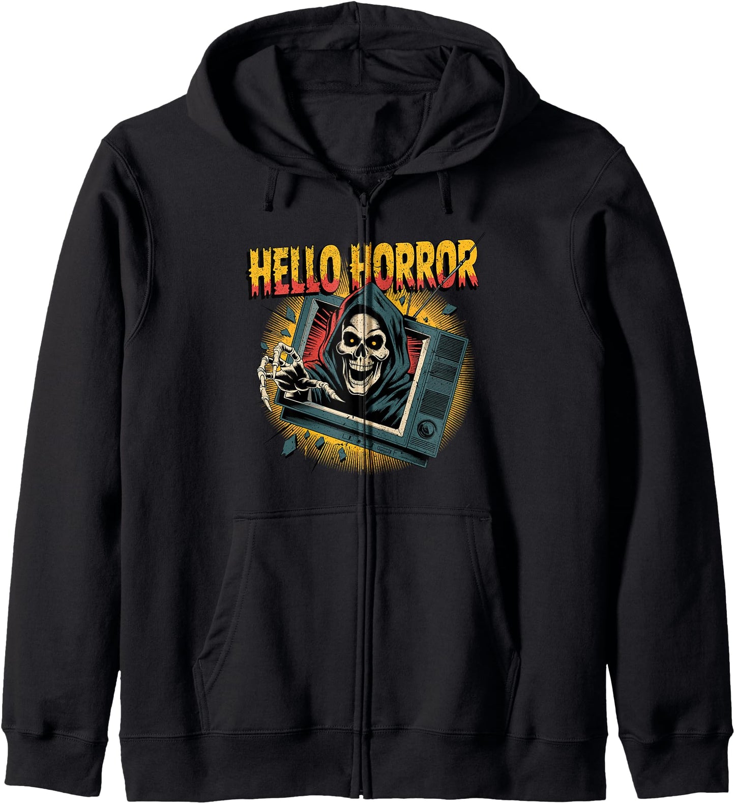 Hello Horror Grim Reaper Retro TV Scary Zip Hoodie