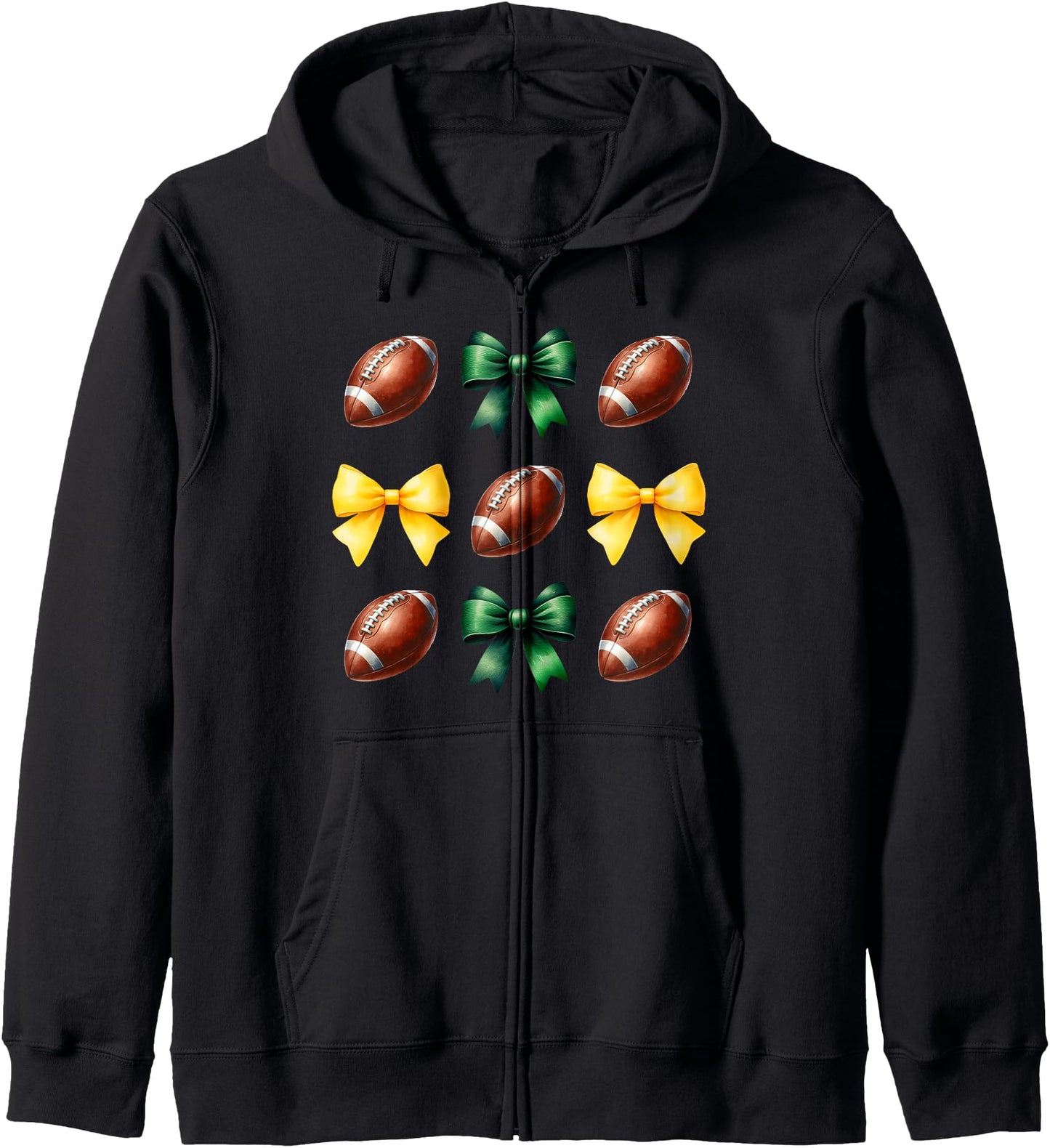 Green & Yellow Gold Footballs & Bows Fall Football Season Zip Hoodie
