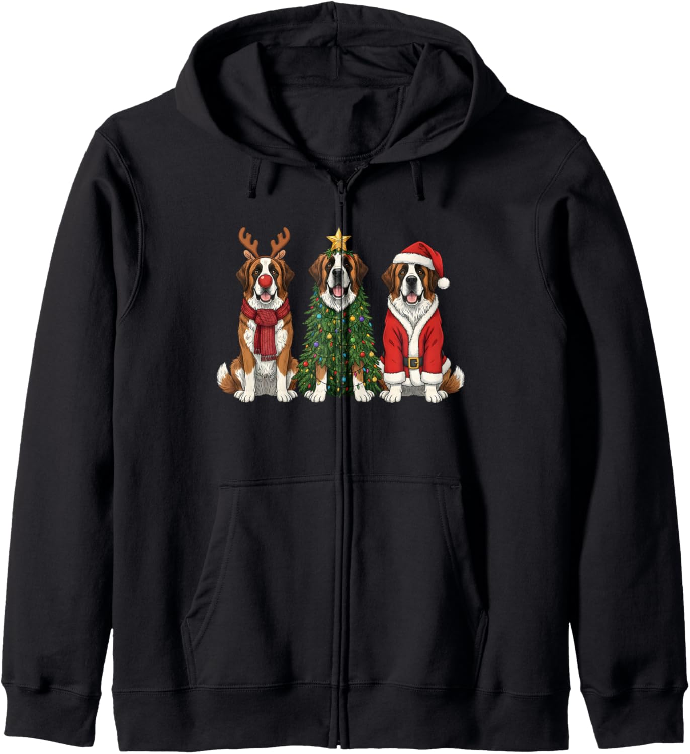 Retro Christmas Saint Bernard Santa Reindeer Dog Lover Zip Hoodie