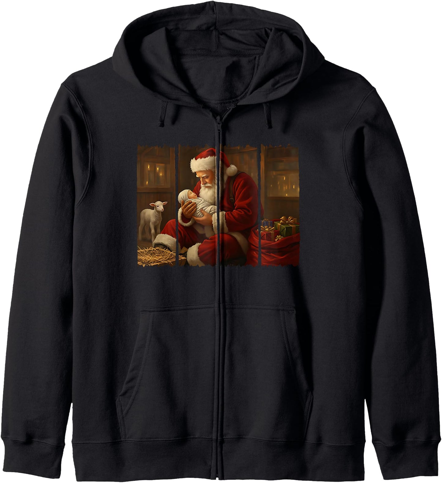 Santa Praying over Baby Jesus Popular Brushstroke Christmas Zip Hoodie