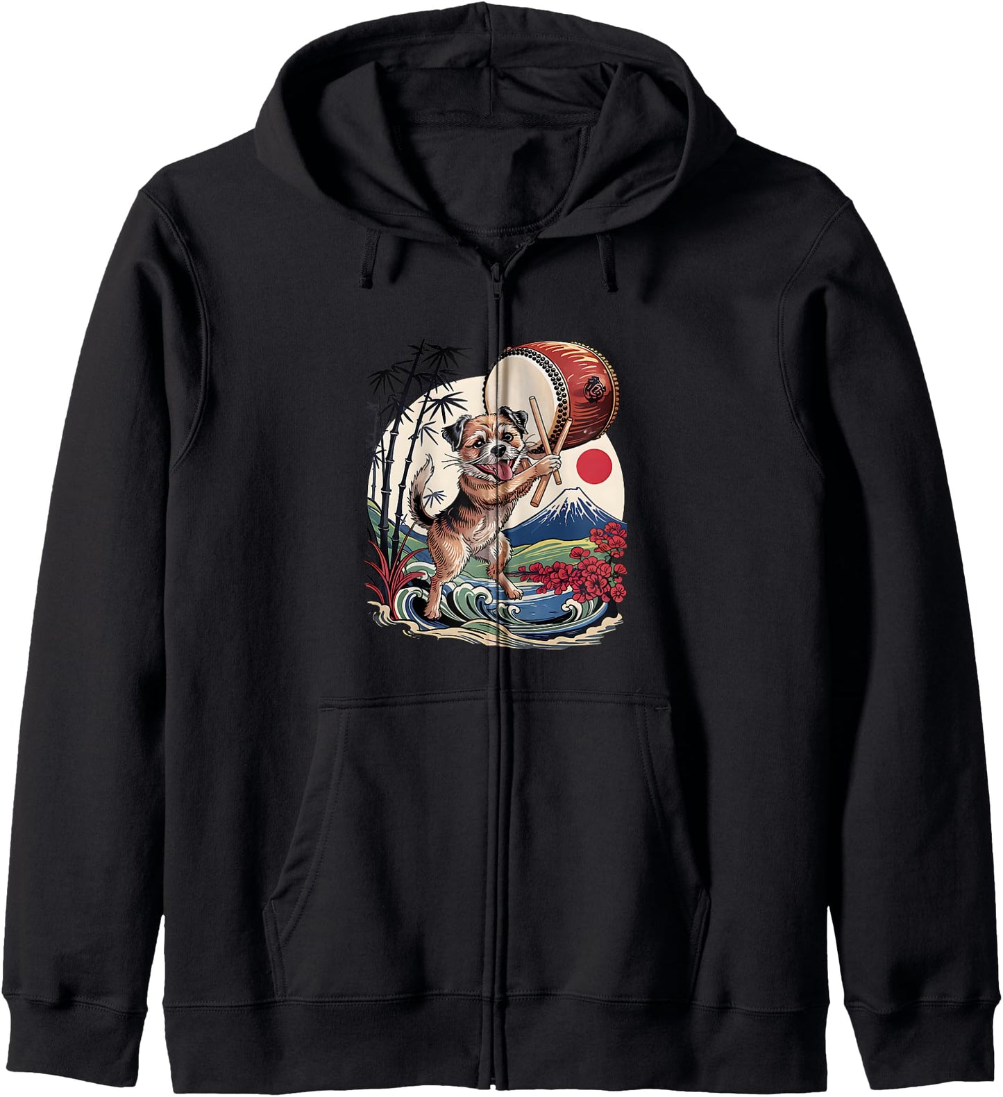 Border Terrier Playing Drum Mt Fuji Japanese Woodblock Zip Hoodie