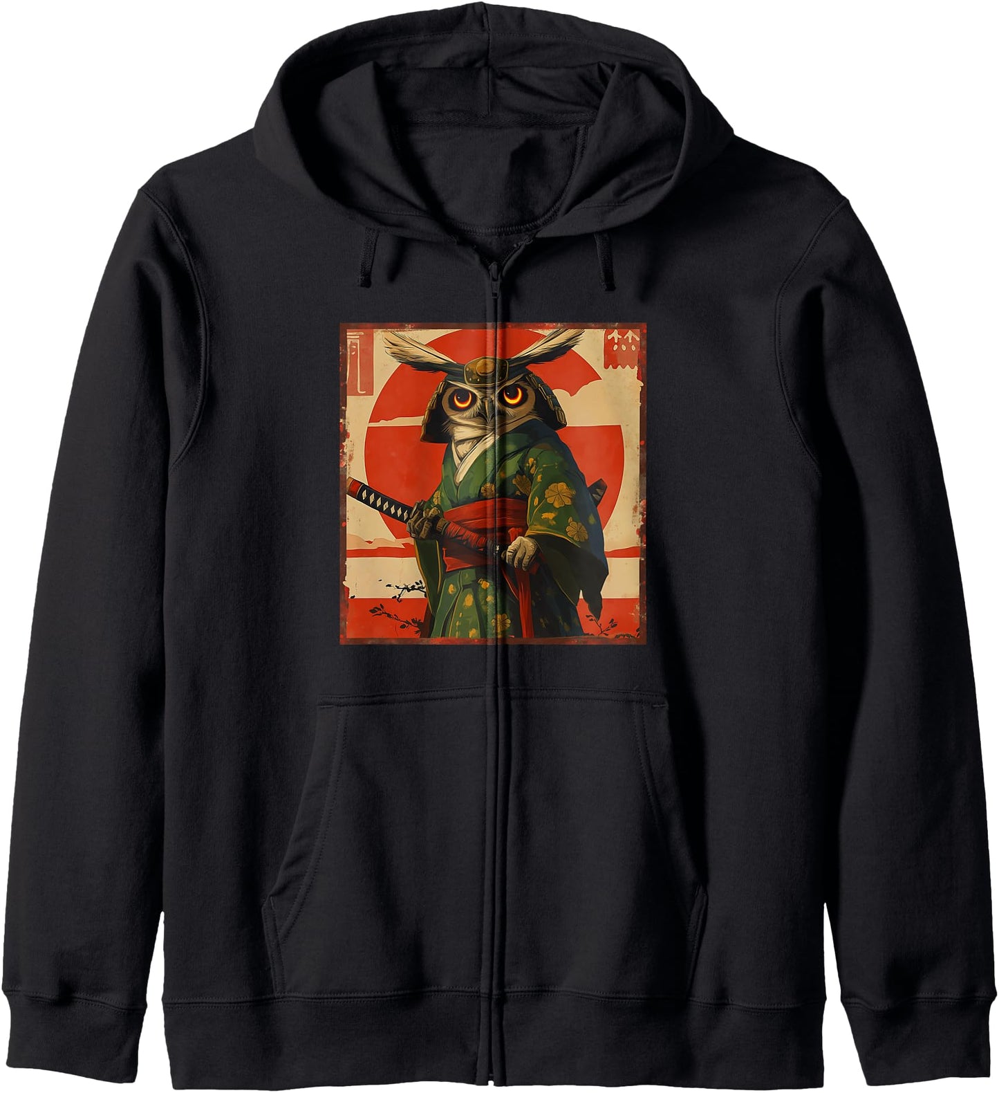 Japanese Woodblock Art: Samurai Owl Japanese kanji Zip Hoodie