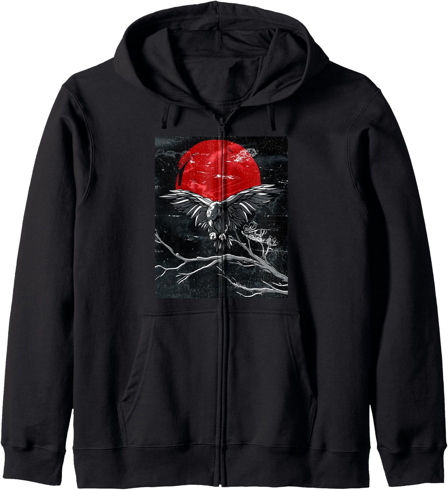 Red Moon Raven Japanese Black Crow Zip Hoodie