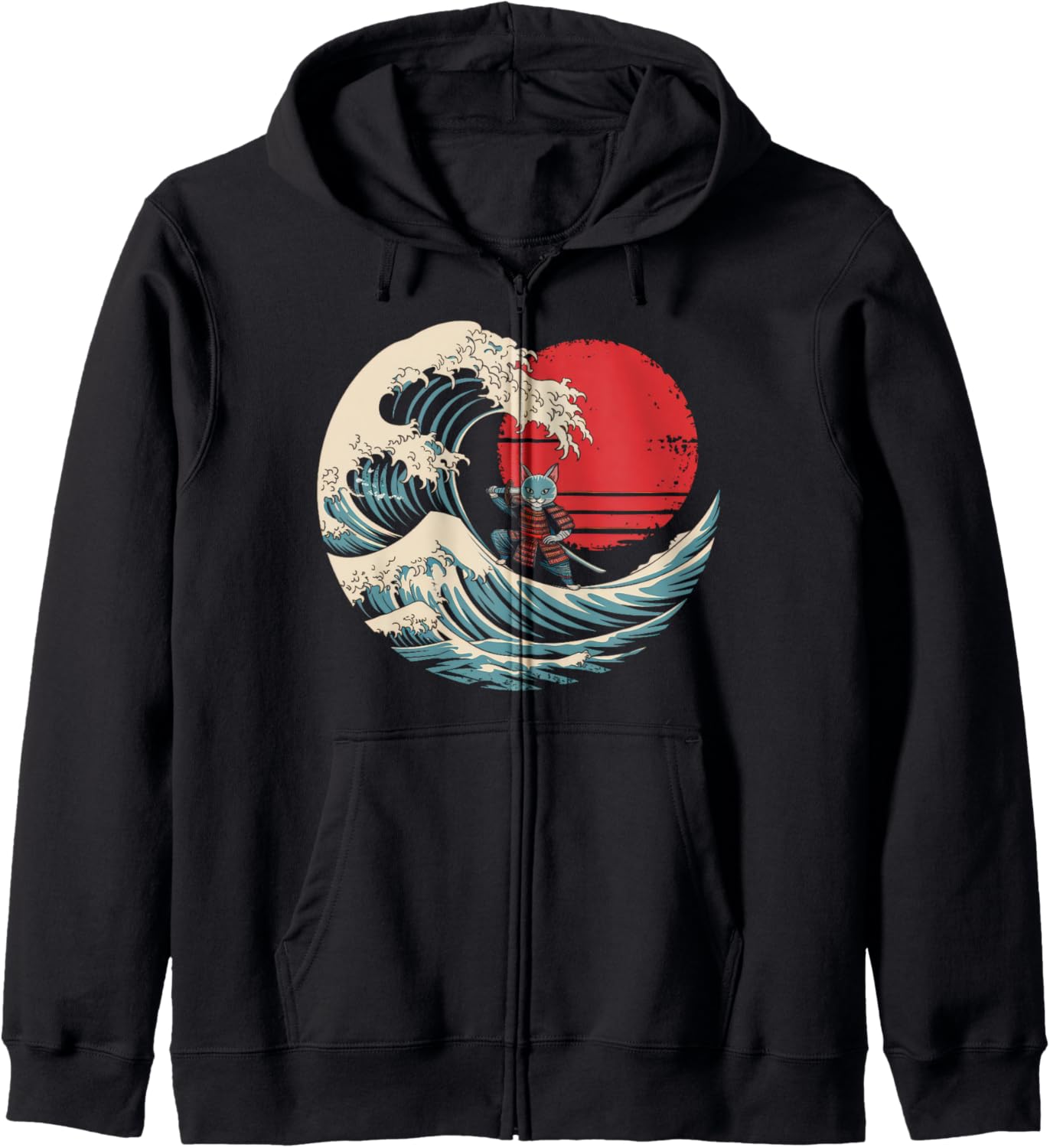 Samurai Cat Vintage Ukiyo-e Warrior Kanji Japan Anime Ink Hoodie
