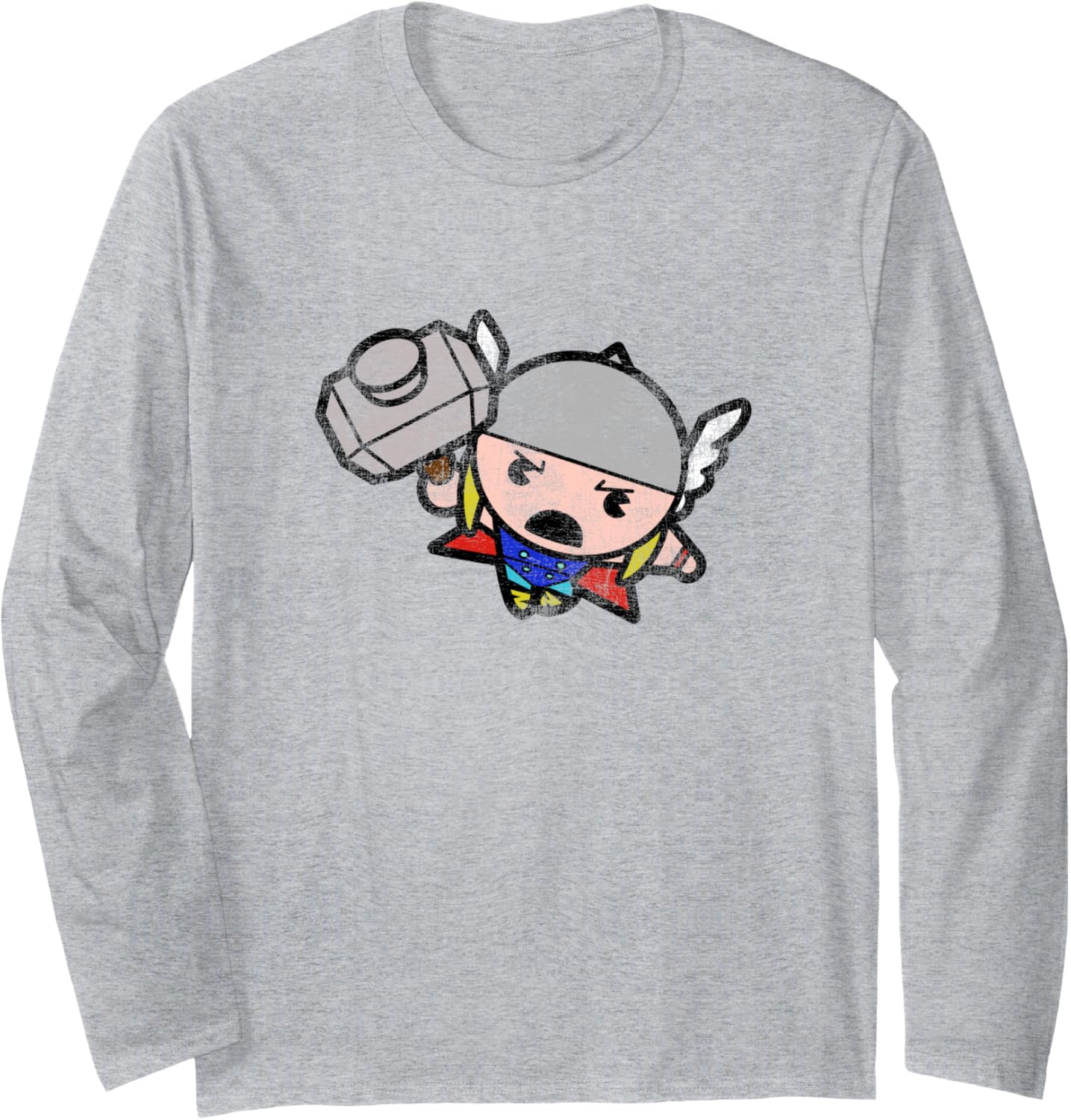 Marvel Kawaii Chibi Thor Charging To Battle Distressed Logo Long Sleeve