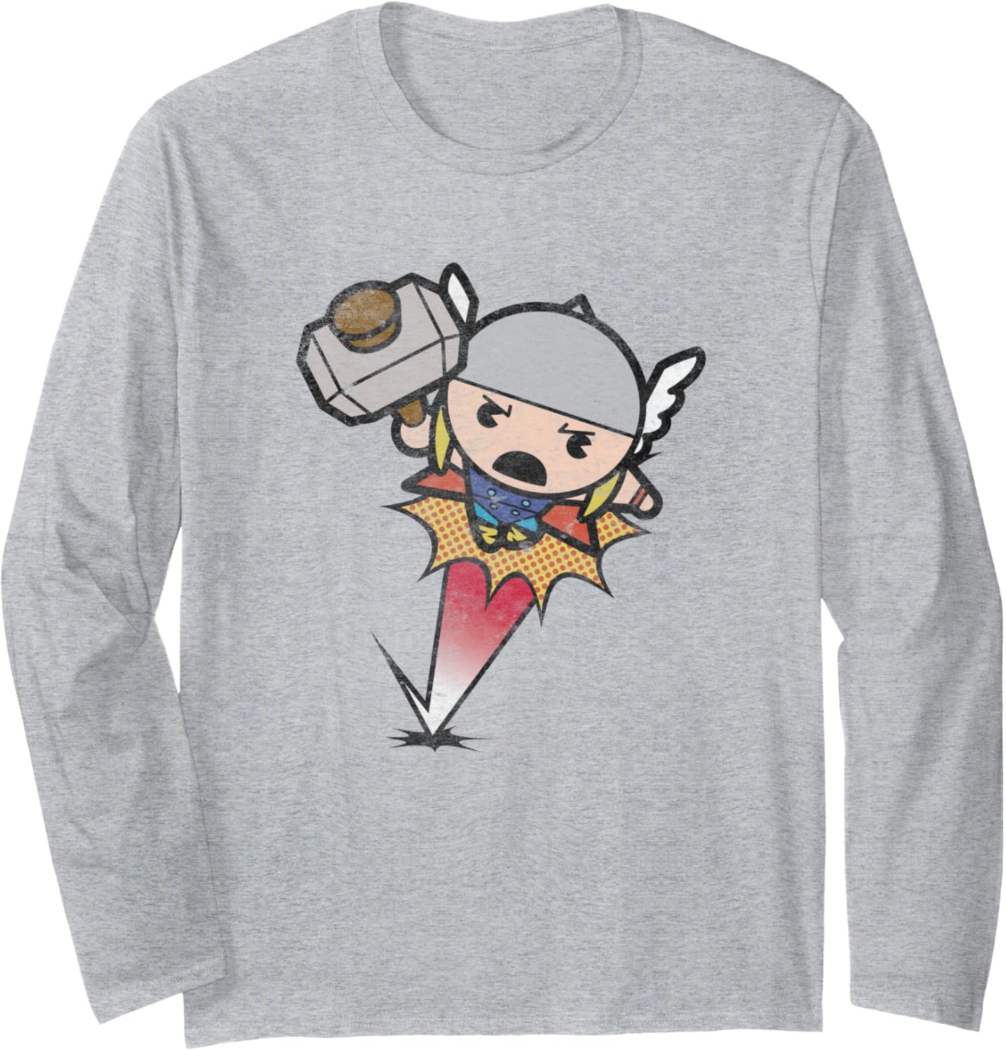 Marvel Kawaii Chibi Thor Flying Into Battle Distressed Logo Long Sleeve