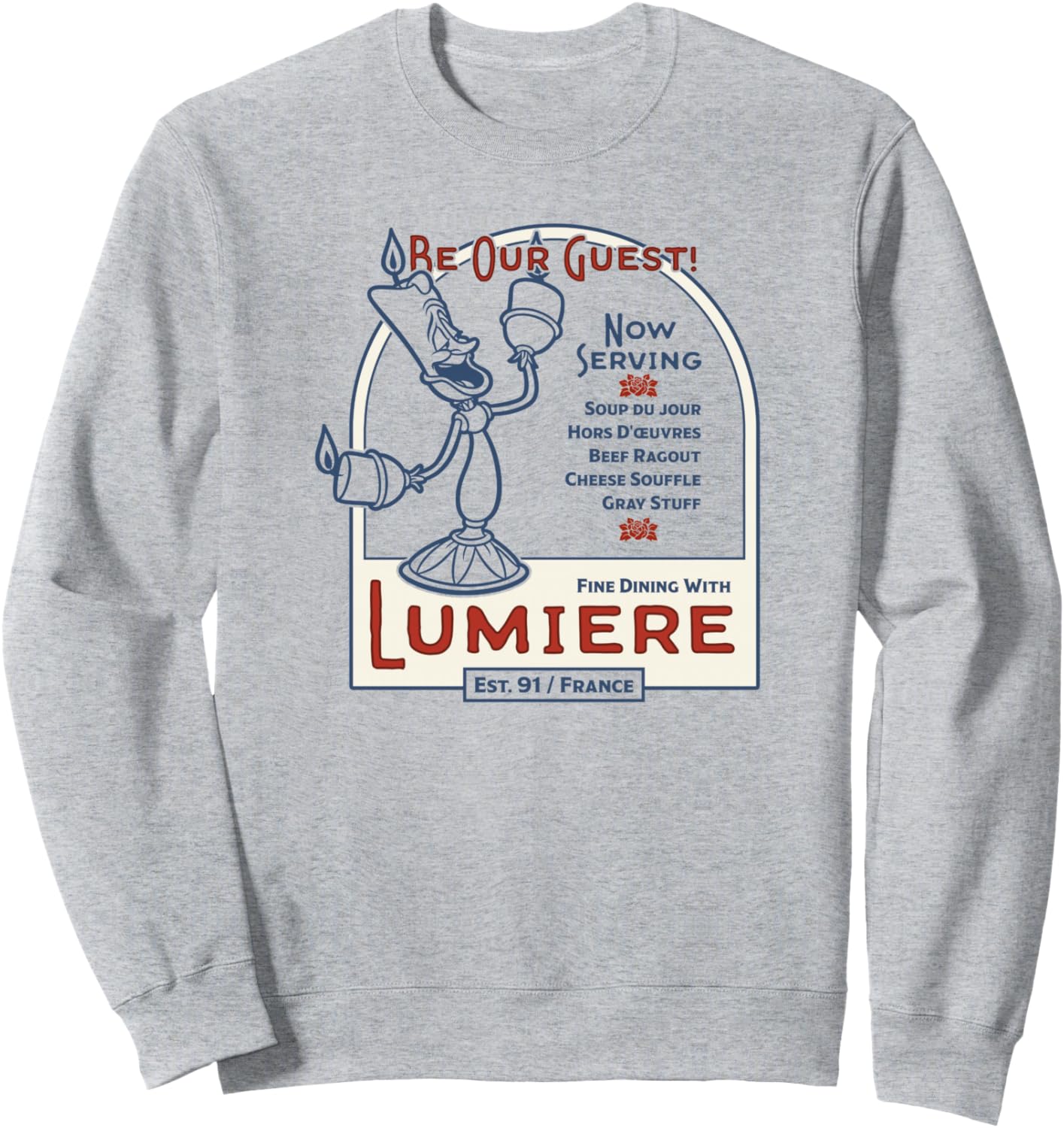 Disney Beauty and the Beast Lumiere Be Our Guest Menu Sweatshirt