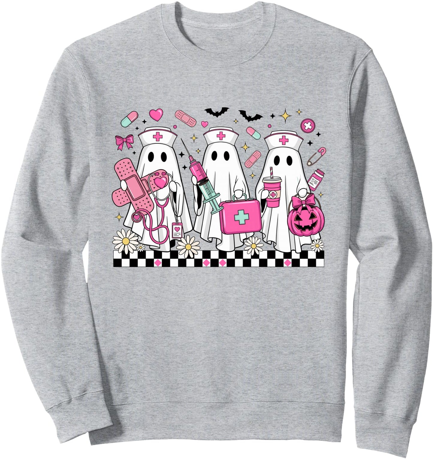 Checkered Floral Nurse Halloween Ghost ER Nurse Boo Boo Crew Sweatshirt