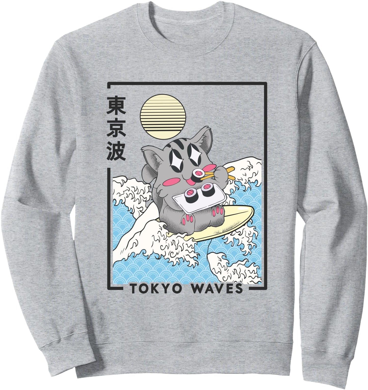Happy Cat Eating Sushi Japanese Waves Kawaii Aesthetic Cat Sweatshirt