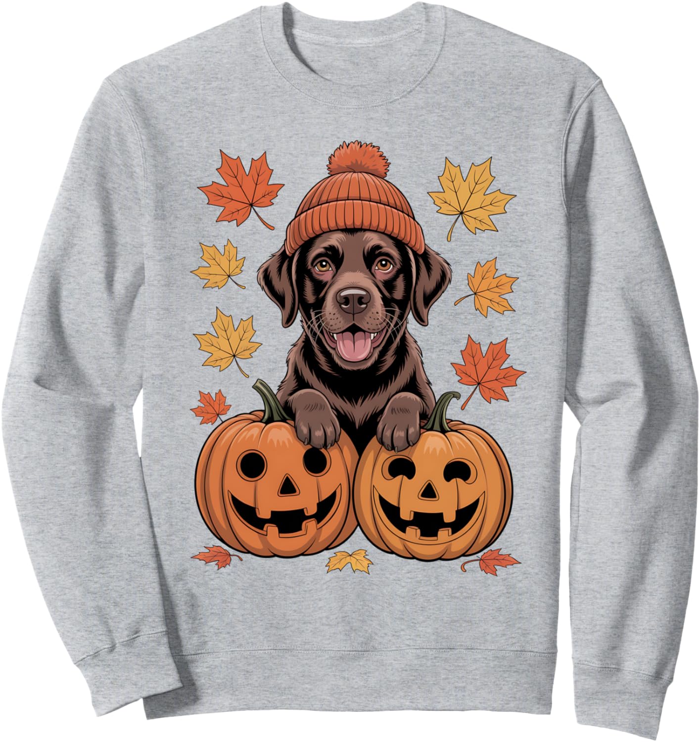 Chocolate Labrador Cozy Beanie Pumpkins and Autumn Leaves Sweatshirt