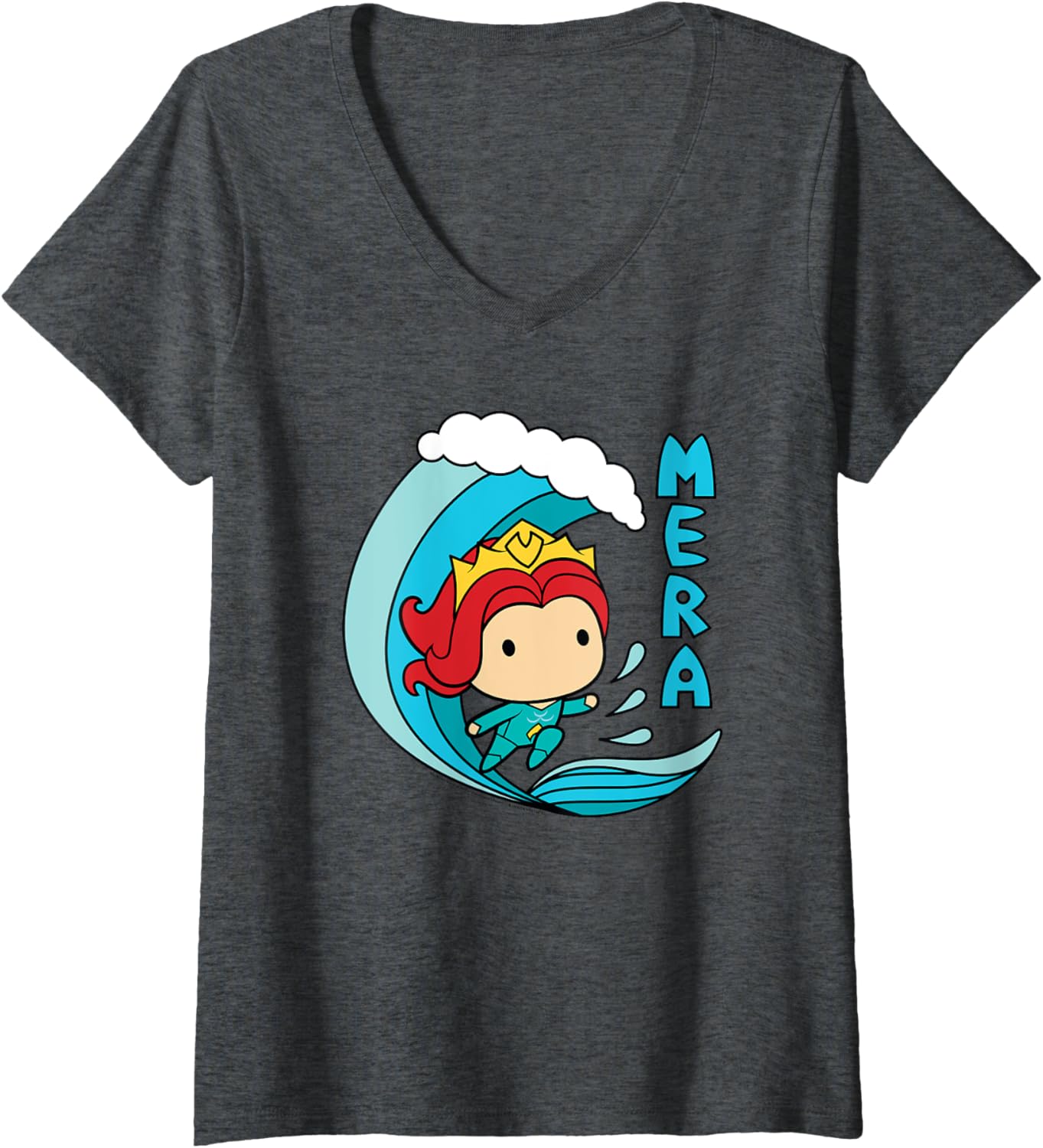 Womens Aquaman Movie Chibi Mera and Mermaid Wave V-Neck