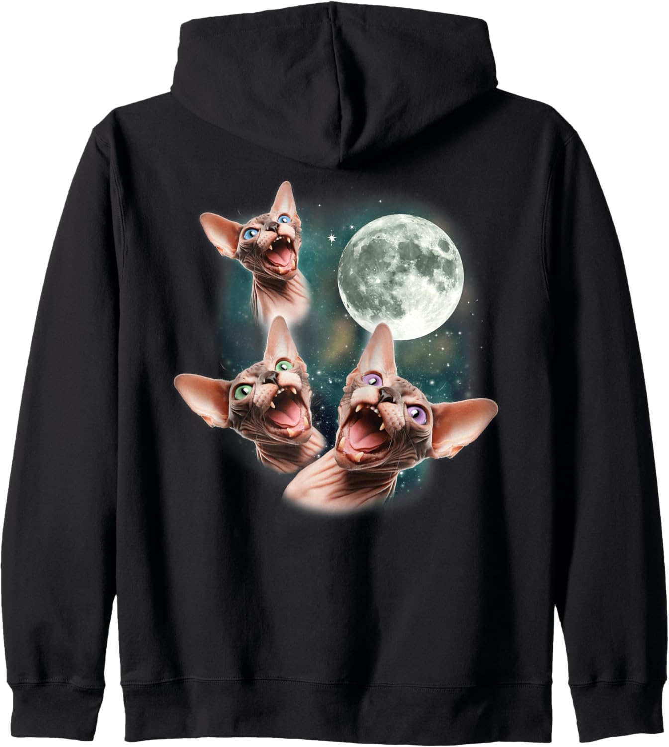 Three Sphynx Moon | 3 Hairless Cats Howling Cursed Wolf Meme Zip Hoodie