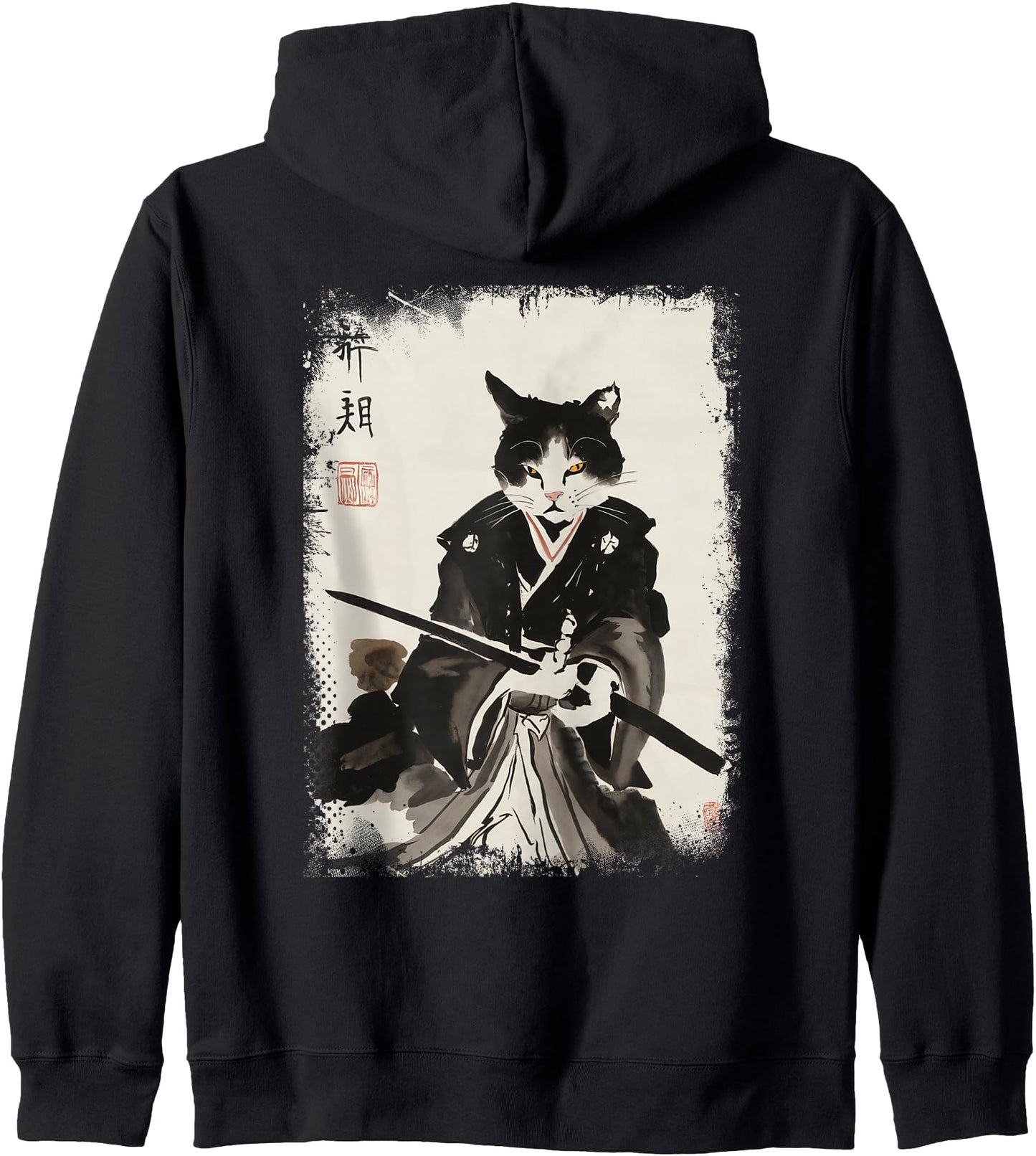 Cat Samurai Warrior Vintage Ukiyo-e Art Japanese Katana Zip Hoodie