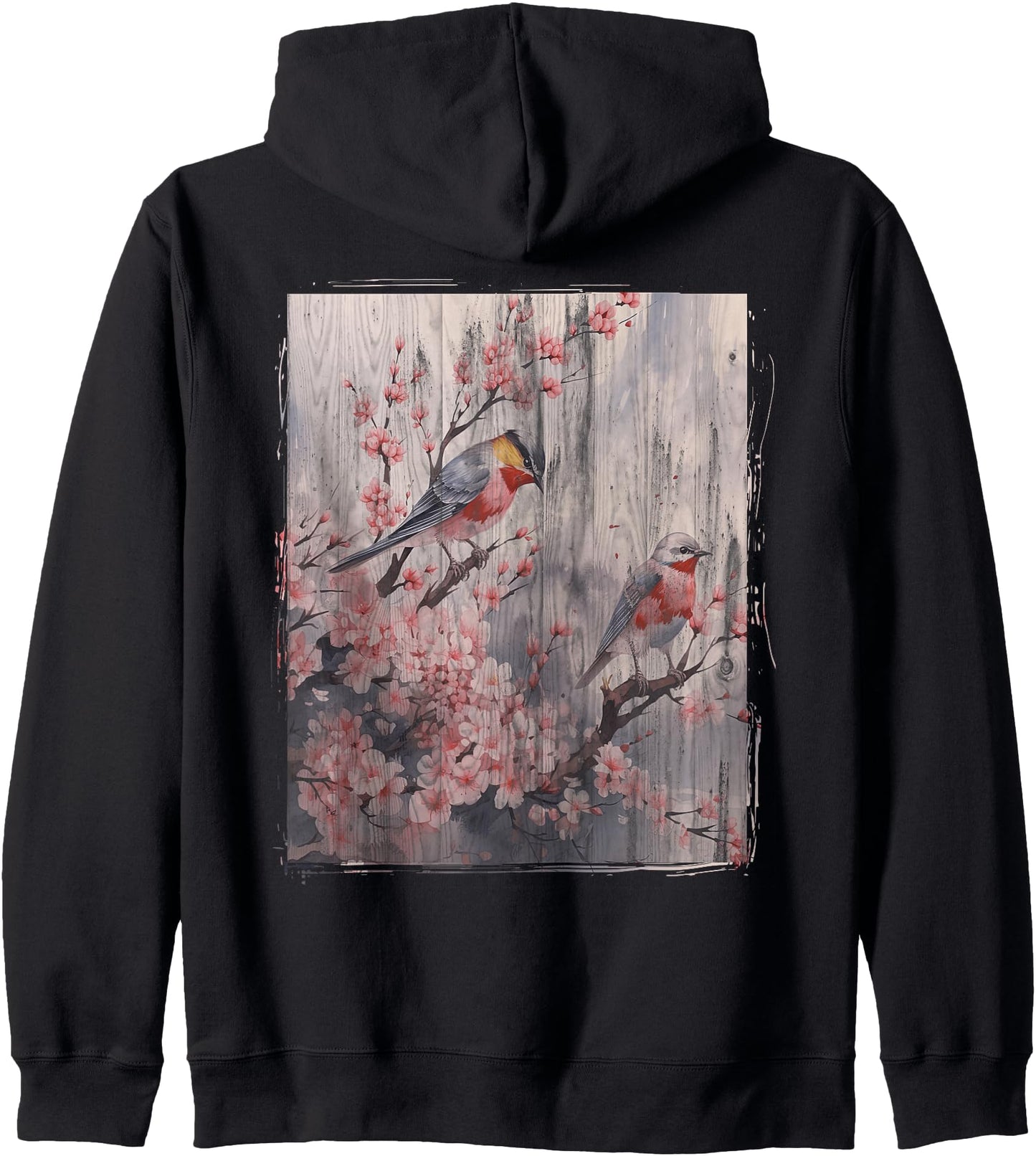 Vintage Japanese Woodblock Cherry Blossom Landscape Graphic Zip Hoodie