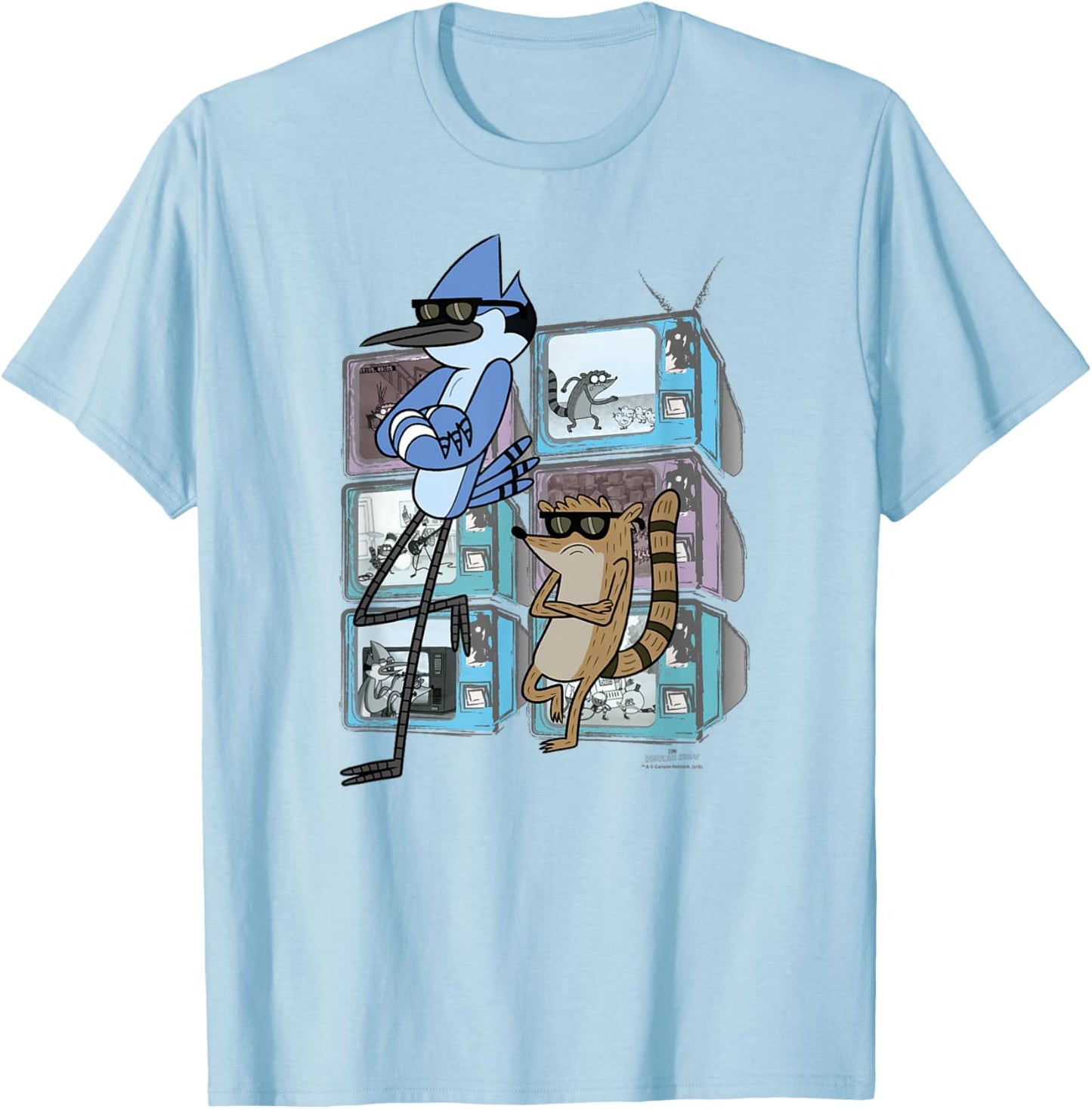 Cartoon Network Regular Show Mordecai and Rigby TV Too Cool Unisex-Adults Blue Small Modern V-Neck Long Sleeve T-Shirt with Ribbed Cuff