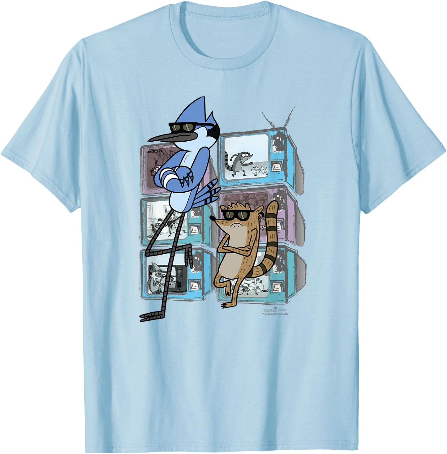 Cartoon Network Regular Show Mordecai and Rigby TV Too Cool Unisex-Adults Blue Small Modern V-Neck Long Sleeve T-Shirt with Ribbed Cuff