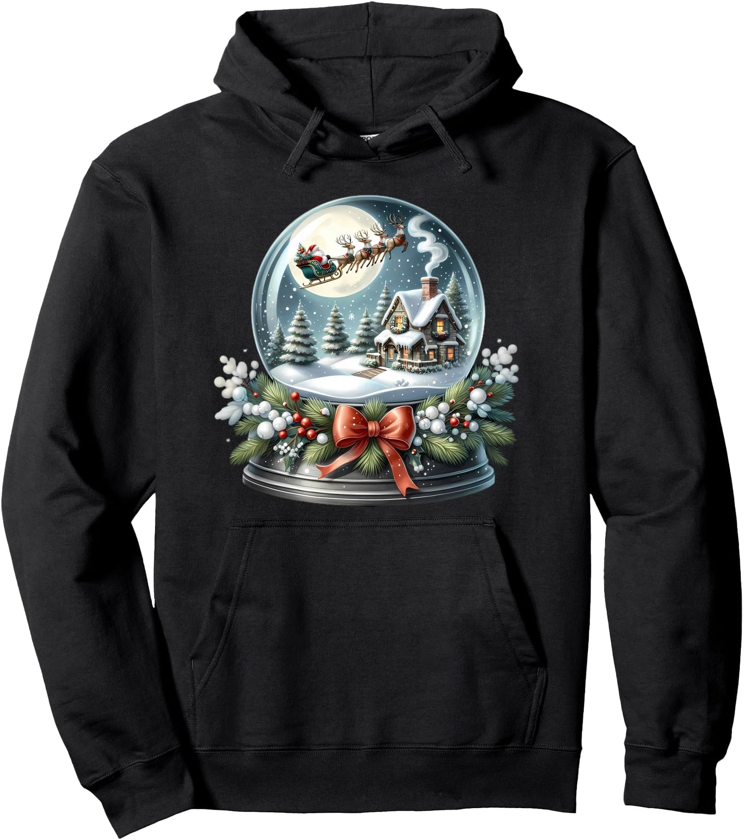Santa Sleigh Over Cozy Snow Globe Scene Pullover Hoodie