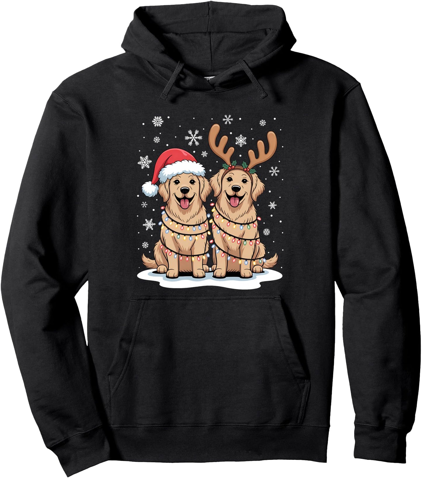 Golden Retriever Christmas Santa Hat Reindeer Lights Pajama Pullover Hoodie