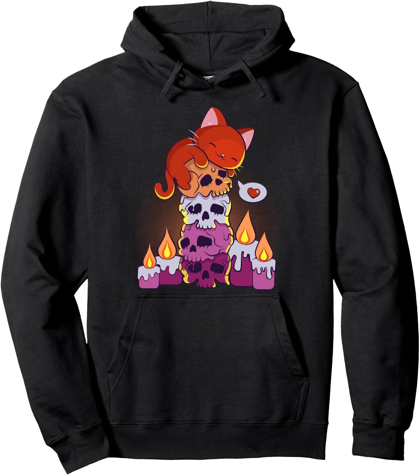 Subtle Lesbian Pride Aesthetic Kawaii Cat on Skulls Anime Pullover Hoodie