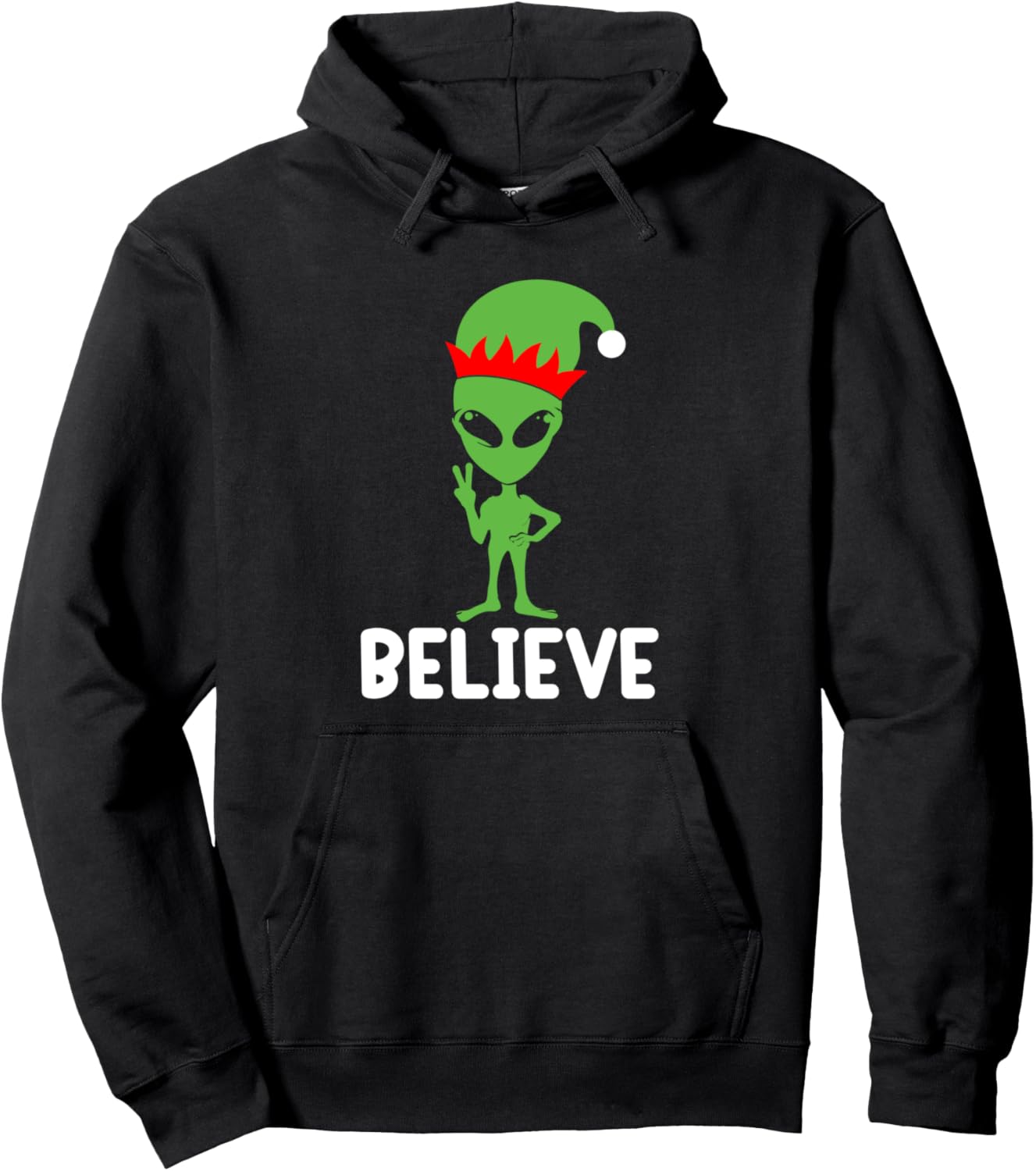 Christmas Alien Believe Elf Hat Holiday UFO Ugly Xmas Pullover Hoodie