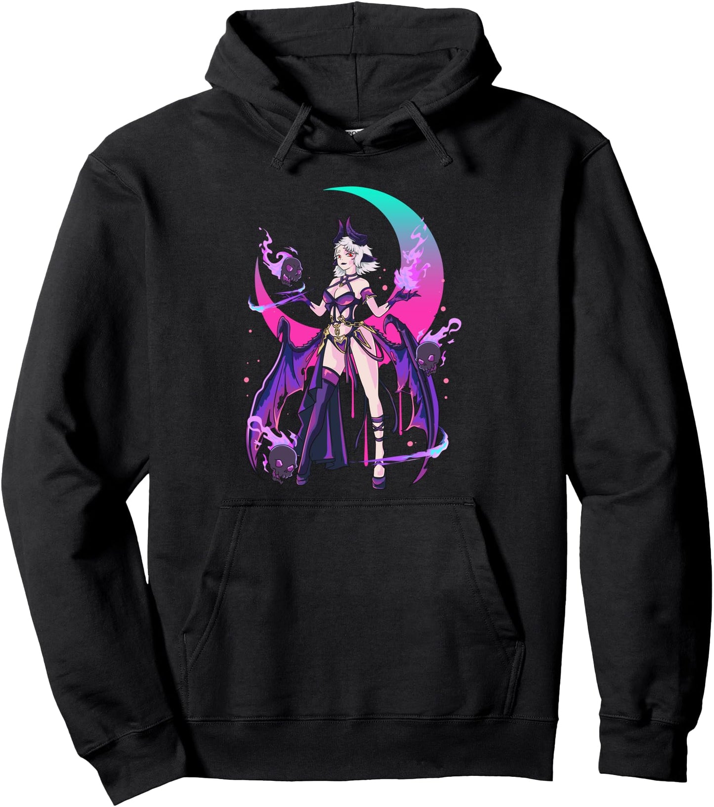 Sexy Anime Devil Witchy Skull Moon Fire Japanese Otaku Magic Pullover Hoodie