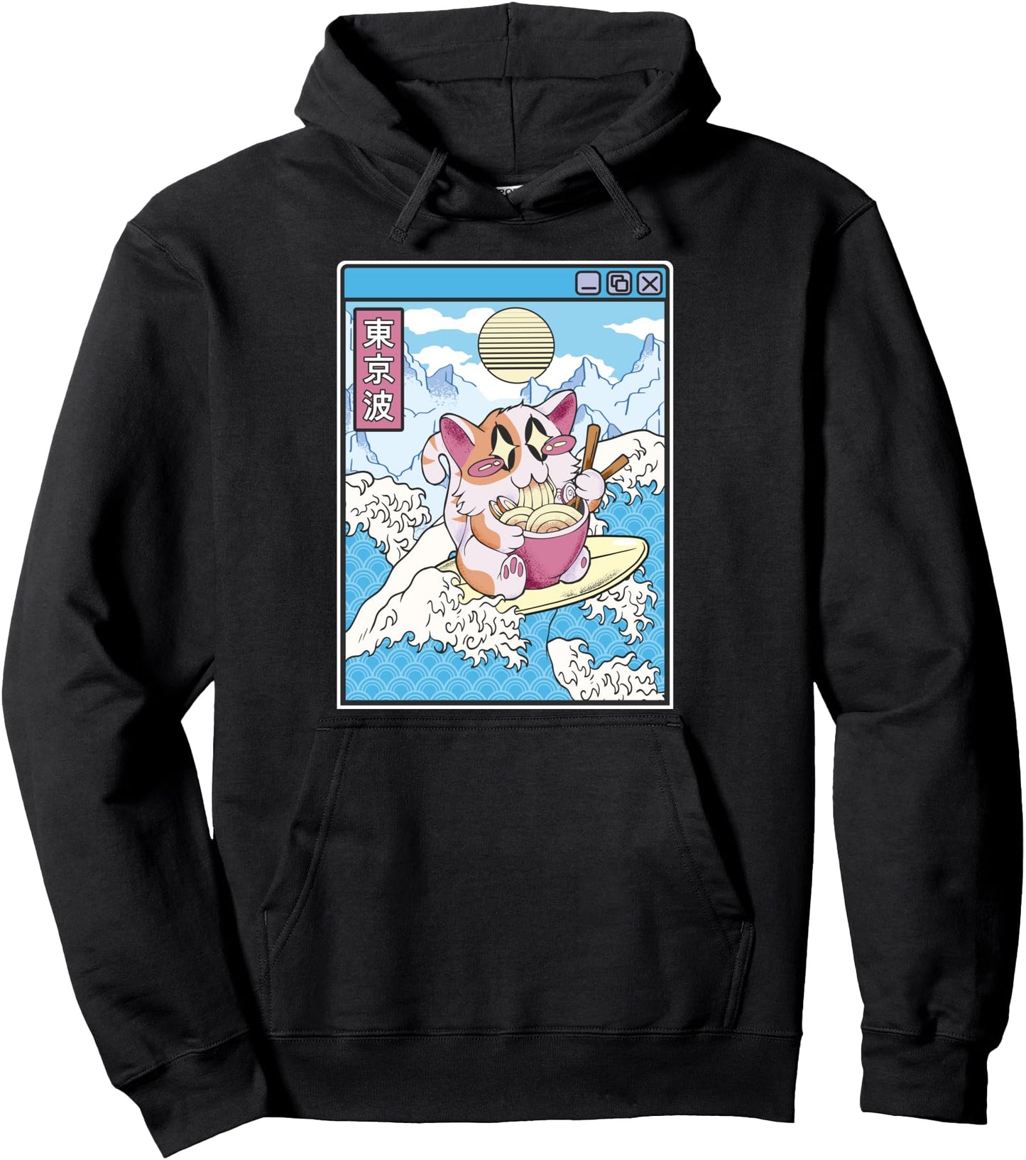 Surfing Cat Eating Ramen In Japanese Waves Kawaii Vaporwave Pullover Hoodie