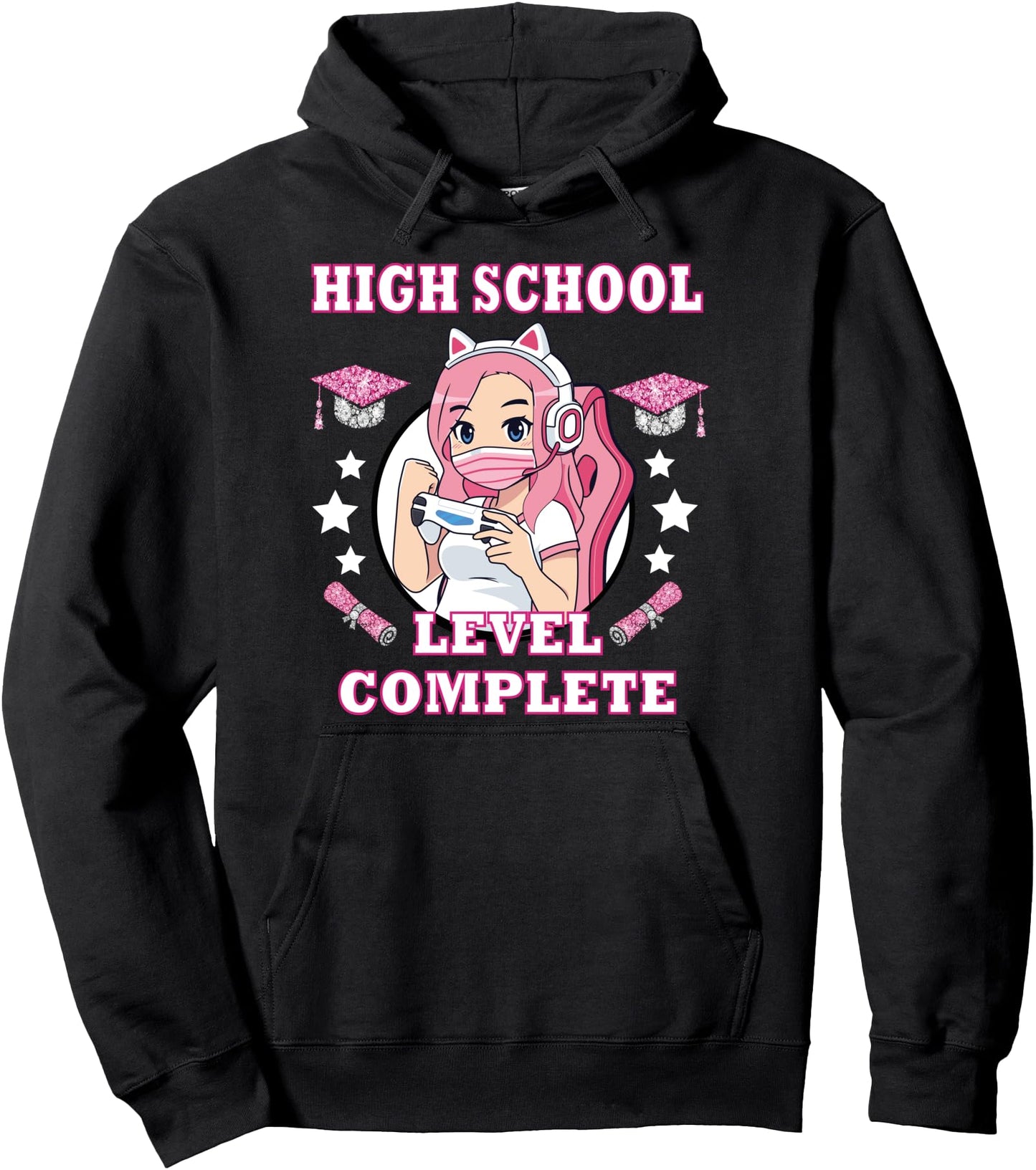 High School Level Complete Gaming Graduation Anime Girl Pullover Hoodie