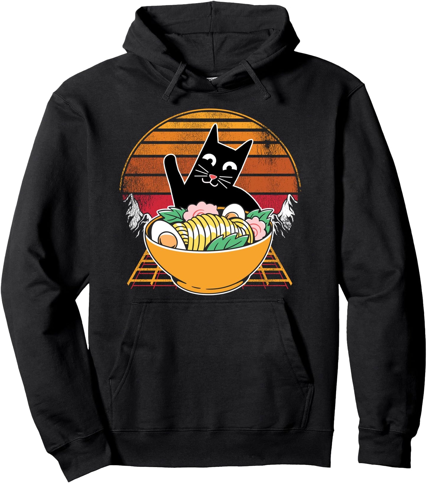 Ramen Cat Vintage Sunset 70s Kawaii Anime Japanese Noodles Pullover Hoodie