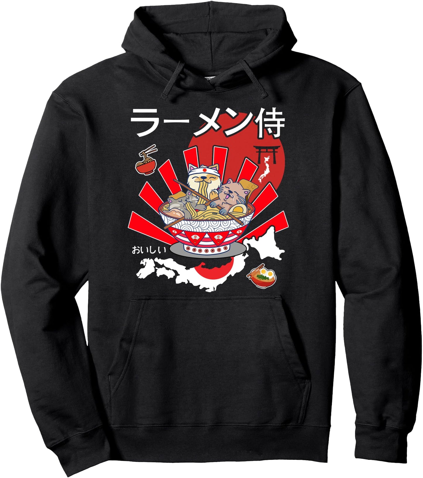 kawaii cats eat ramen noodles and Japanese lettering Pullover Hoodie